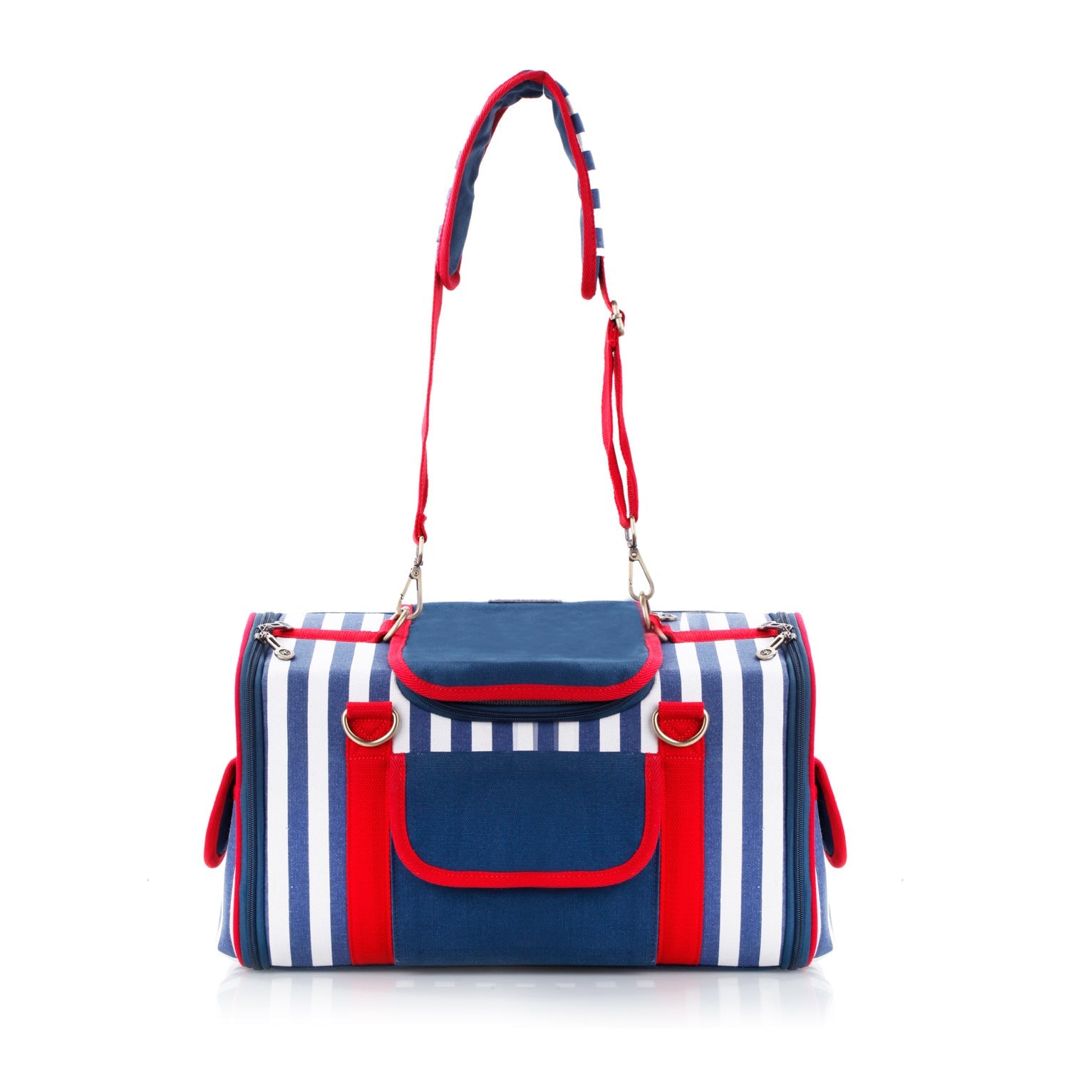 Striped Pet Carrier Bag Canvas Travel Tote with Breathable Mesh