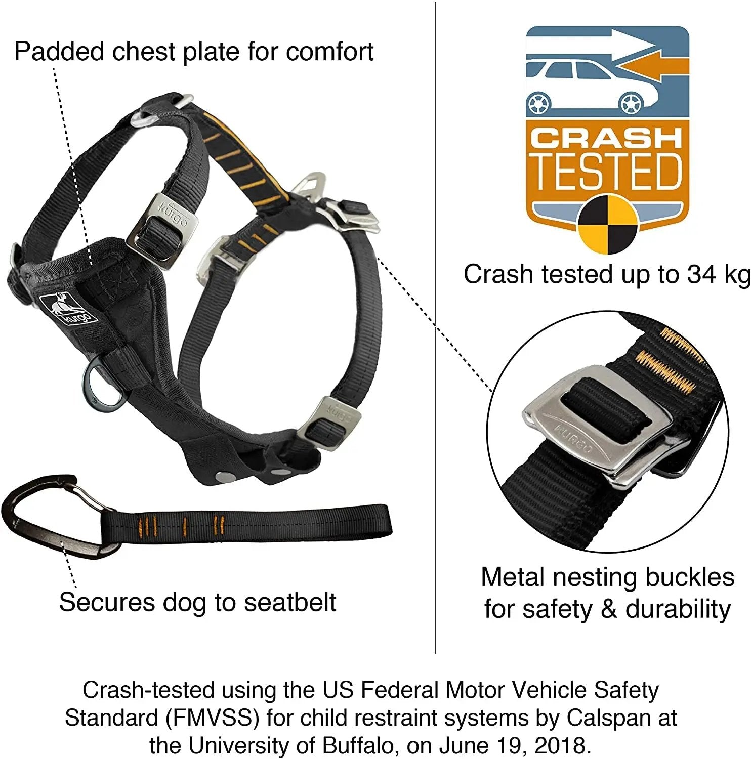 Enhanced Strength Tru-Fit Dog Car Harness - Crash Tested for Safety - Broad Chest Plate - All Steel Nested Buckles - Includes Seatbelt Tether - Red - Large