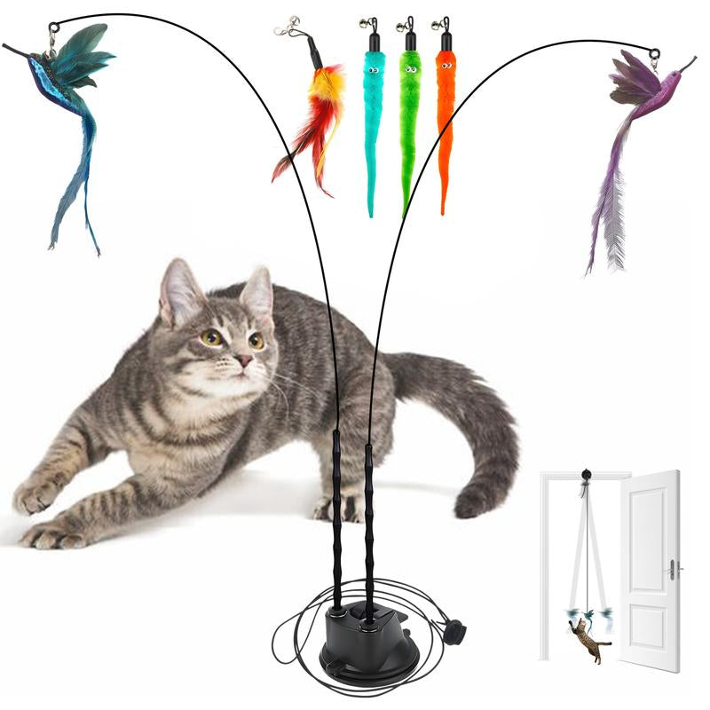 2 Wands with Base & 6 Feather Interactive Cat Toy Set