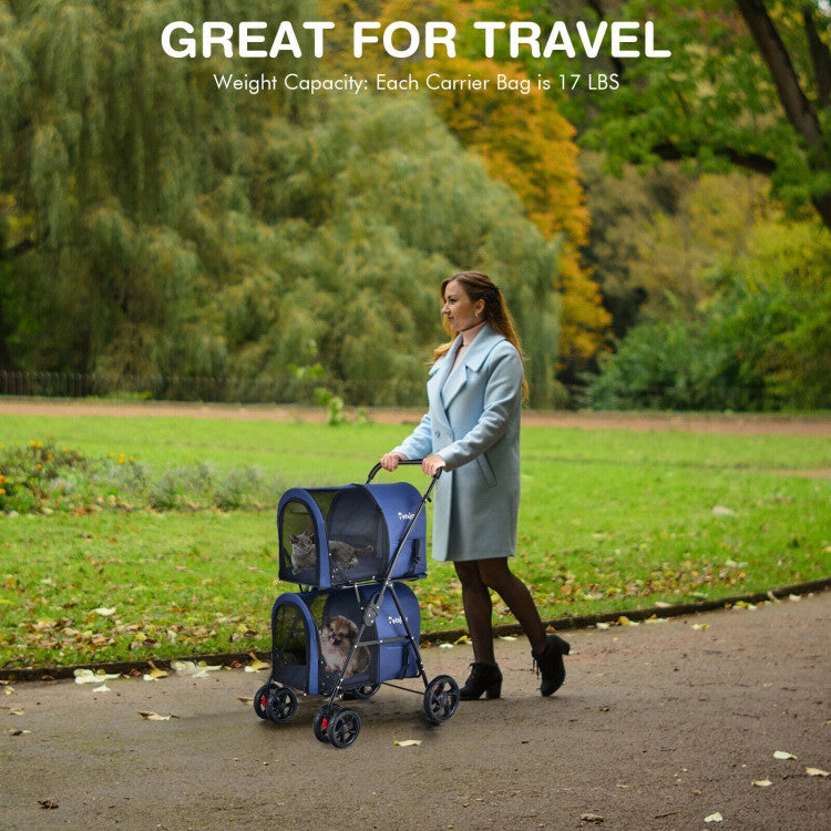 4-in-1 Double Pet Stroller with Detachable Carrier and Travel Carriage