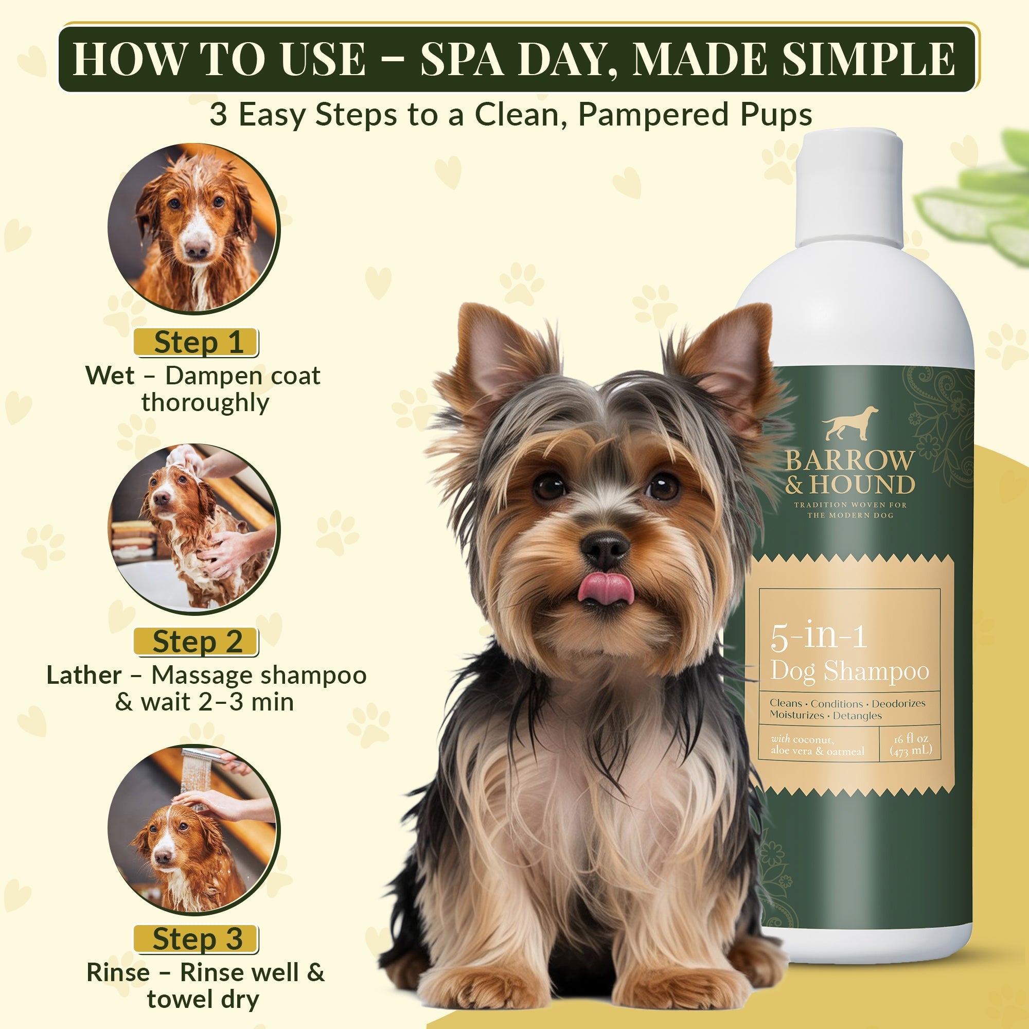 5-in-1 Dog Shampoo – Cleans, Conditions, Deodorizes, Moisturizes & Detangles – with Coconut, Oatmeal & Aloe – for Sensitive Skin – 16 fl oz