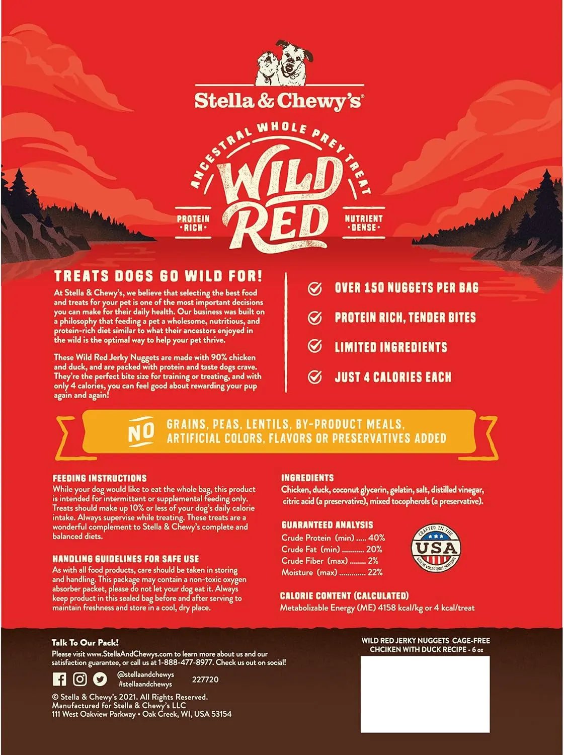 Wild Red Jerky Nuggets - 90% Protein-Rich Chicken & Duck Dog Treats - Grain-Free Training Rewards for All Breeds - Made in USA - 6 Oz Bag