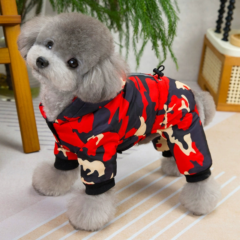 Pet Puppy Clothes Four-Leg Hand Holding Rope Bichon Teddy Fleece Lined Padded Warm Keeping Fall and Winter Camouflage down Cotton-Padded Jacket