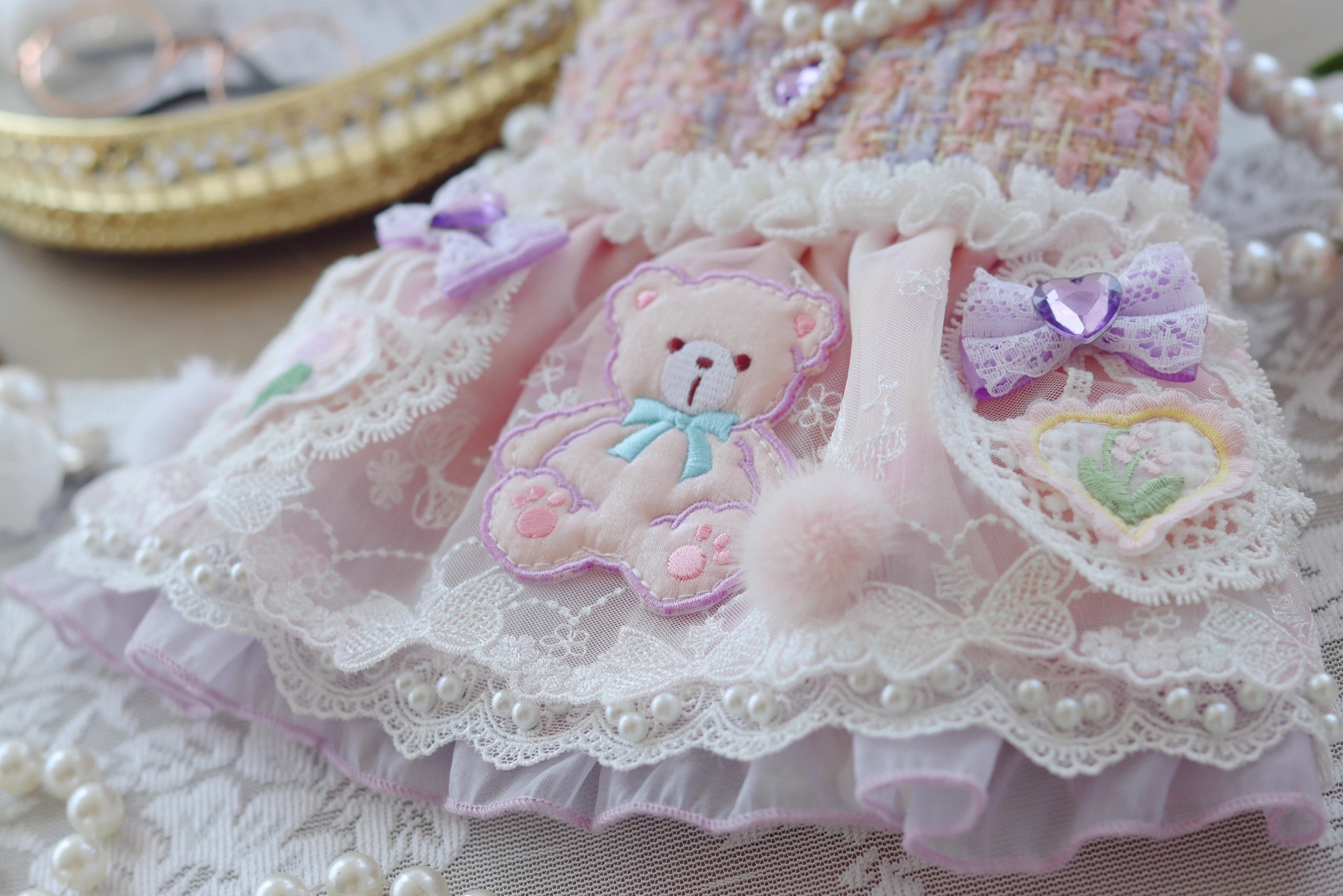 Handmade Teddy Puppy Dress Pink Lace Tweed Skirt