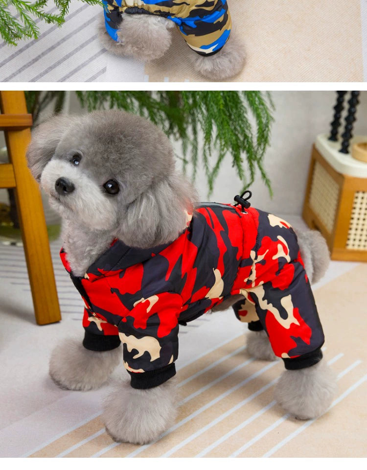 Pet Puppy Clothes Four-Leg Hand Holding Rope Bichon Teddy Fleece Lined Padded Warm Keeping Fall and Winter Camouflage down Cotton-Padded Jacket