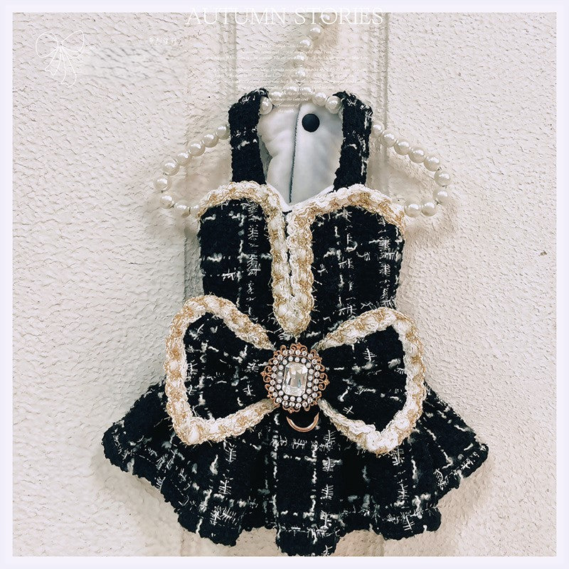 Luxury Black Tweed Rhinestone Dog Dress with Hat – Elegant French Couture Style