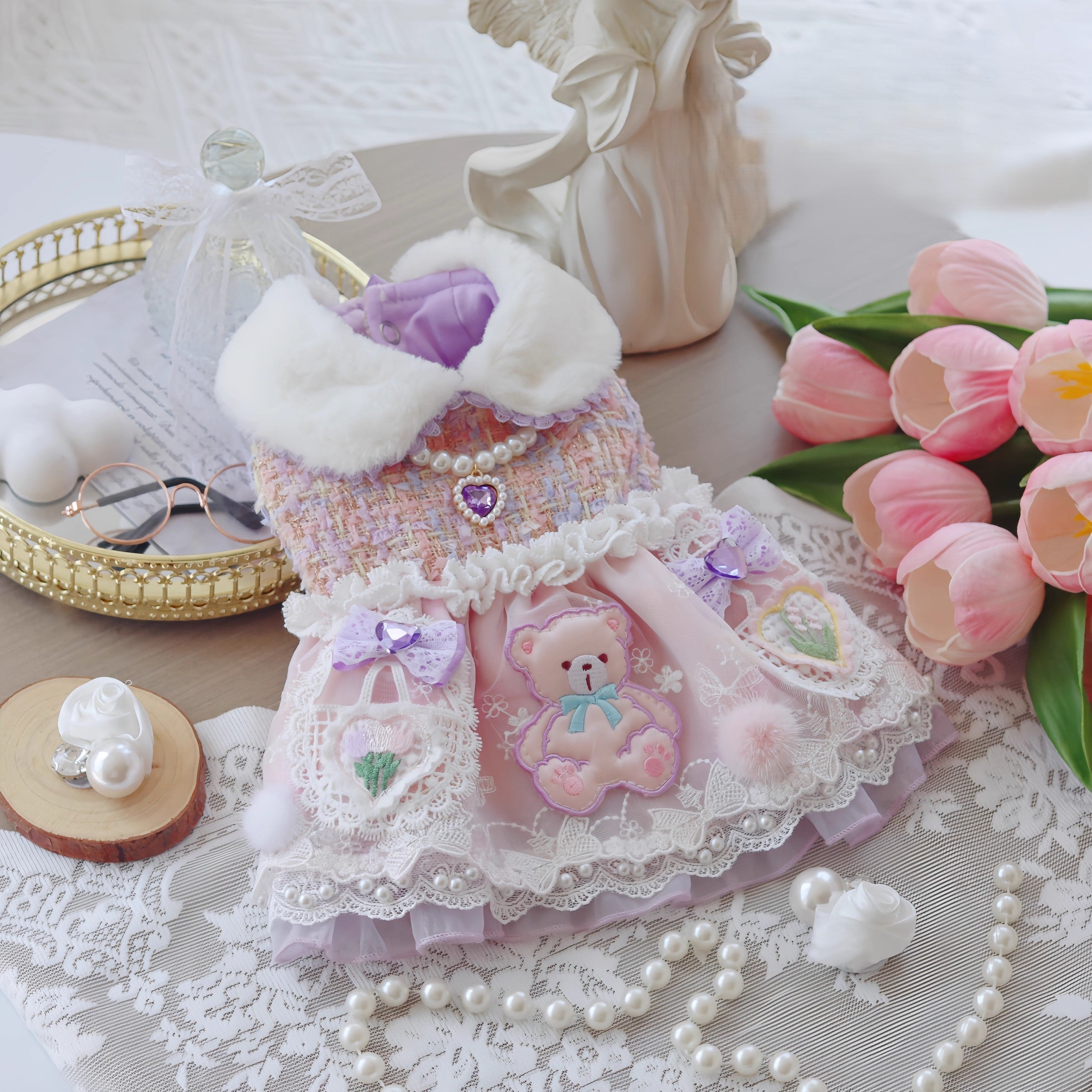 Handmade Teddy Puppy Dress Pink Lace Tweed Skirt