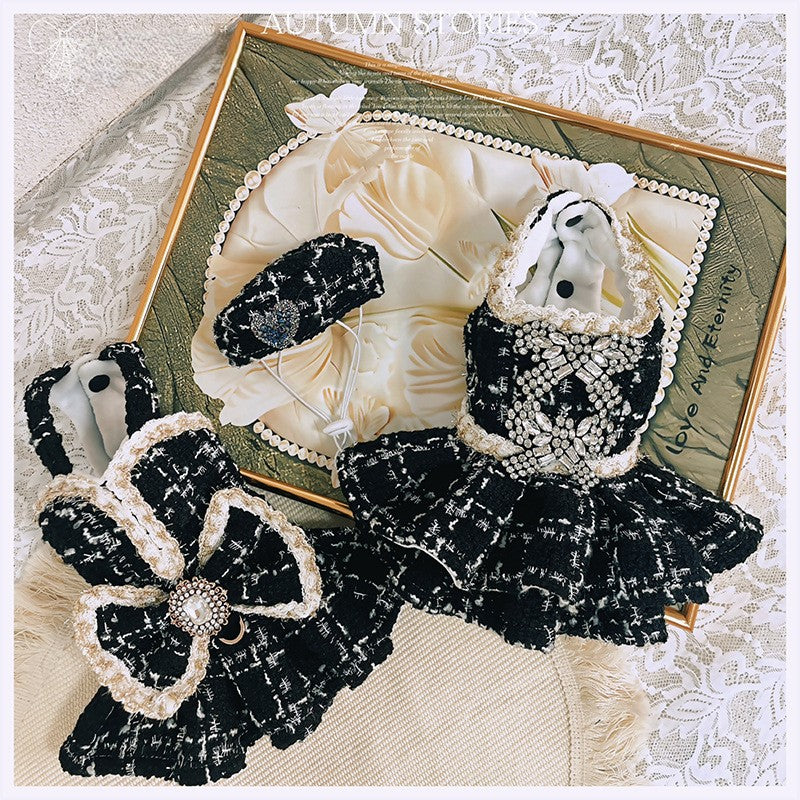 Luxury Black Tweed Rhinestone Dog Dress with Hat – Elegant French Couture Style