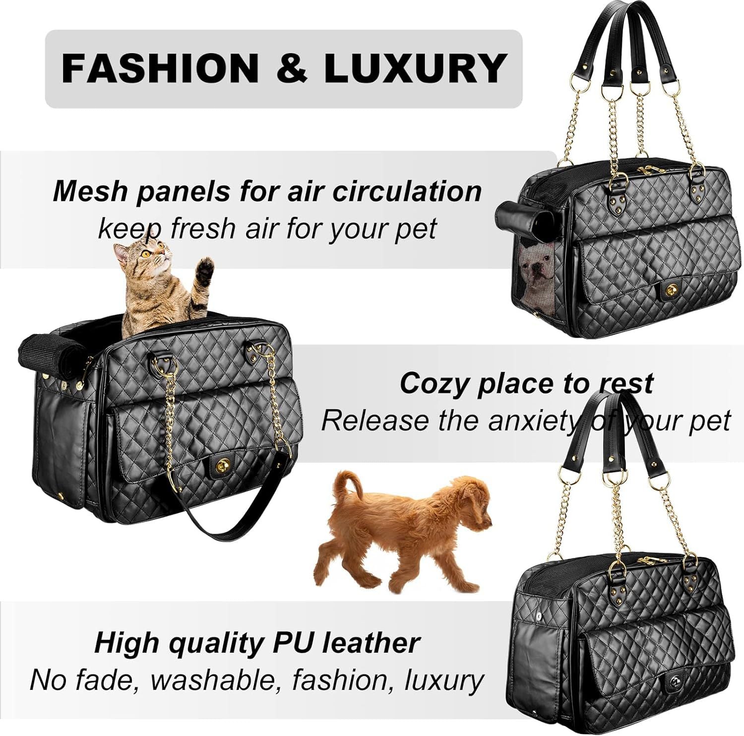 Pet Carrier – Quilted PU Leather with Gold Chain