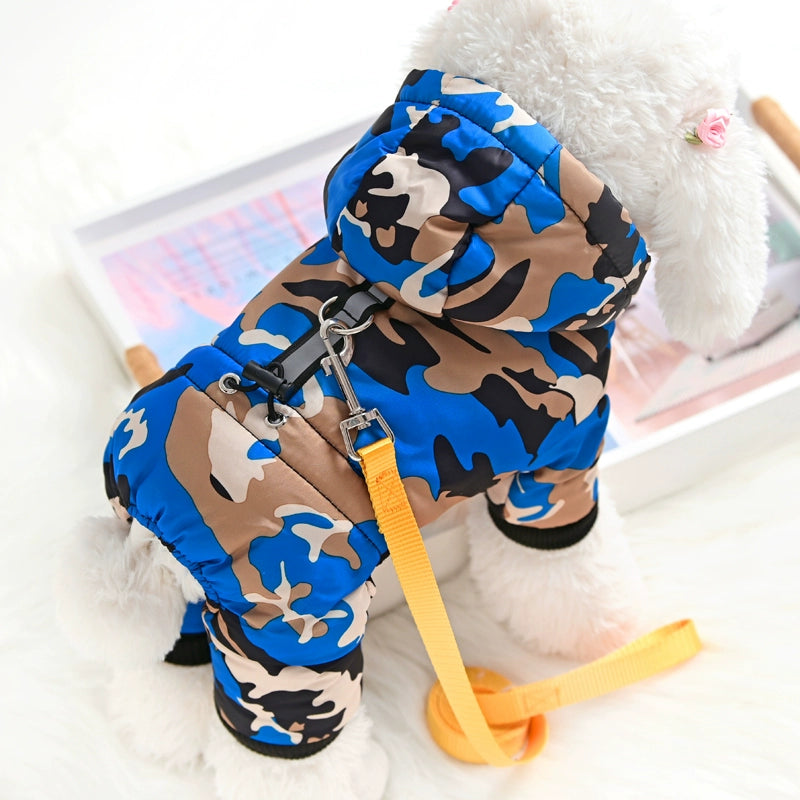 Pet Puppy Clothes Four-Leg Hand Holding Rope Bichon Teddy Fleece Lined Padded Warm Keeping Fall and Winter Camouflage down Cotton-Padded Jacket