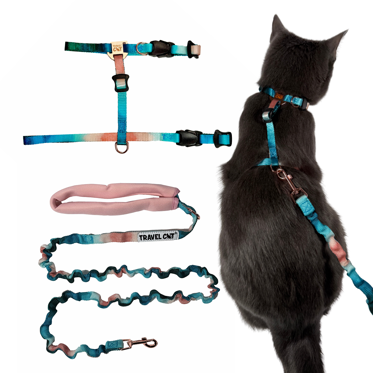 "The Day Tripper" Perfect Adjustable H-Style Cat Harness & Bungee Leash Set - Watercolors