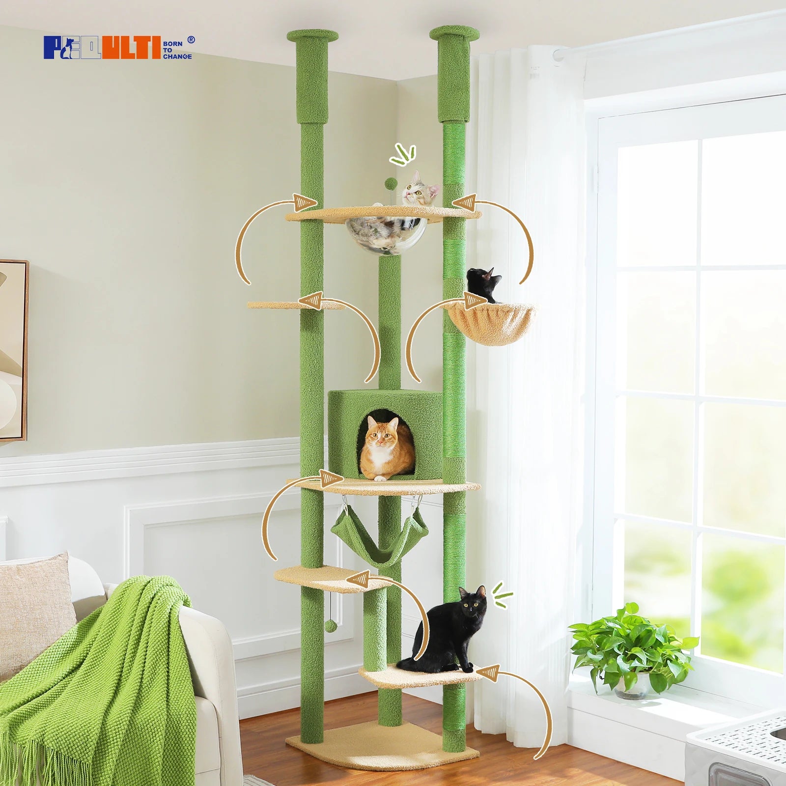 Multi-Level Tall Cat Tree for Indoor Cats Floor to Ceiling Cat Tower with Scratching Posts Cozy Condo Hammock Cat Accessories