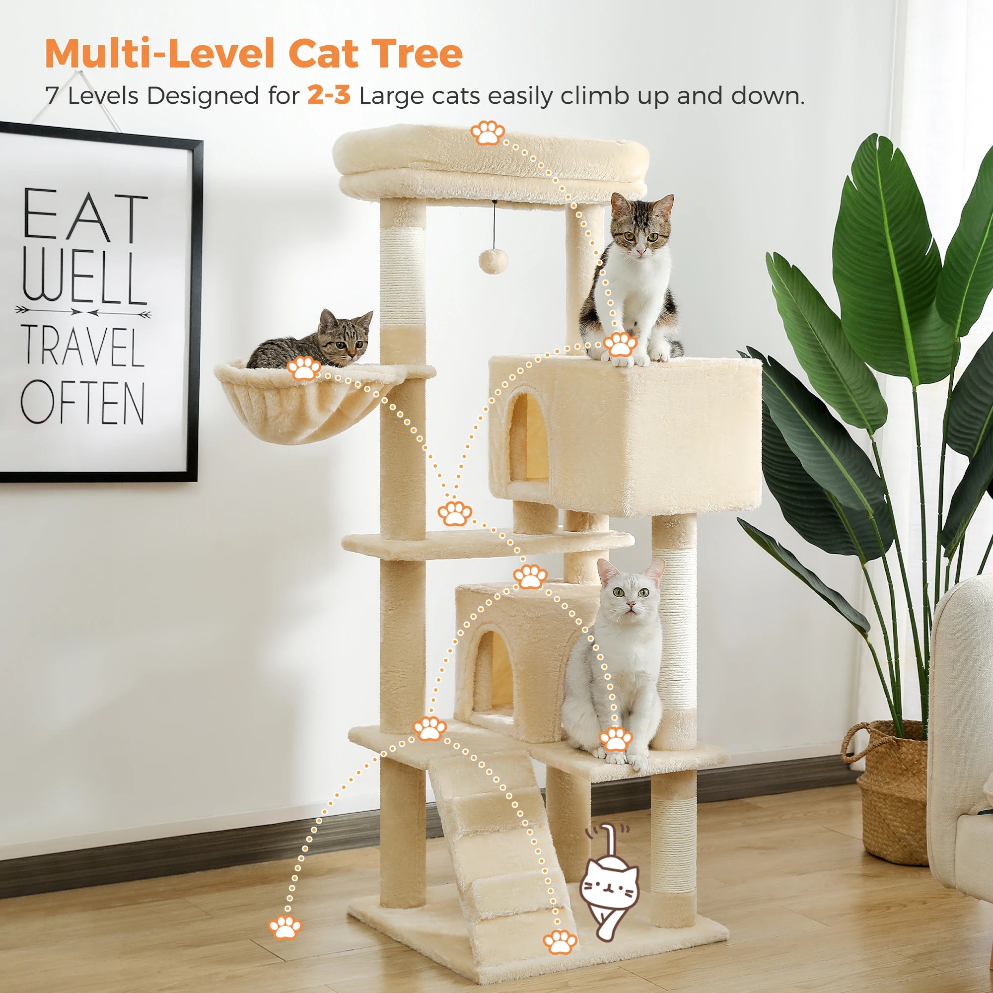 56.3" Cat Tree for Large Cats Adult with Super Large Top Perch Cat Tower with Plush Hammock Dangling Pompom Cat Scratching Post