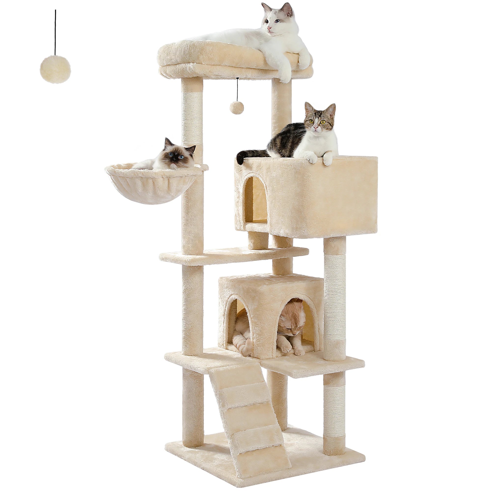 56.3" Cat Tree for Large Cats Adult with Super Large Top Perch Cat Tower with Plush Hammock Dangling Pompom Cat Scratching Post