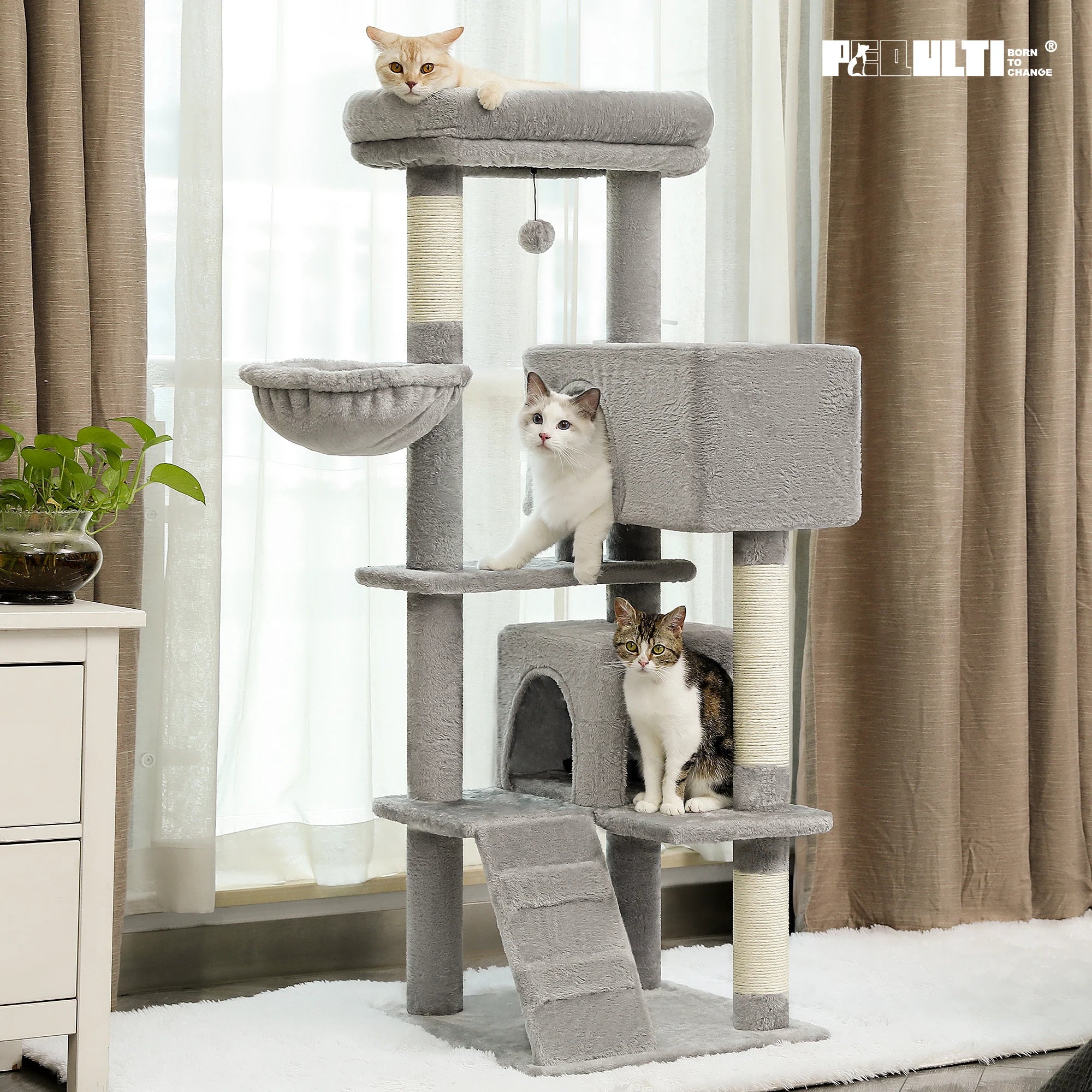 56.3" Cat Tree for Large Cats Adult with Super Large Top Perch Cat Tower with Plush Hammock Dangling Pompom Cat Scratching Post