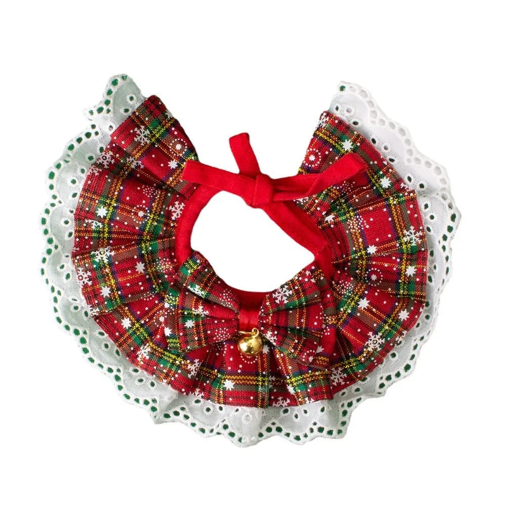 Christmas Pet Bow Bib Collar Scarf Plaid Bow Lace Saliva Towel with Bell Pendant for Dog Cat Collar Necklace Christmas Gift
