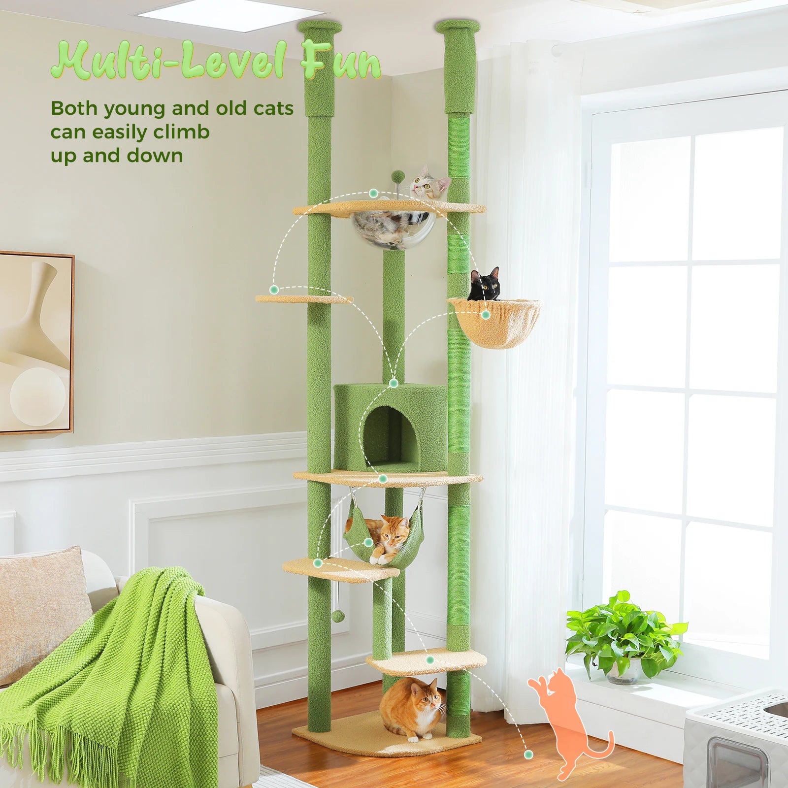 Multi-Level Tall Cat Tree for Indoor Cats Floor to Ceiling Cat Tower with Scratching Posts Cozy Condo Hammock Cat Accessories