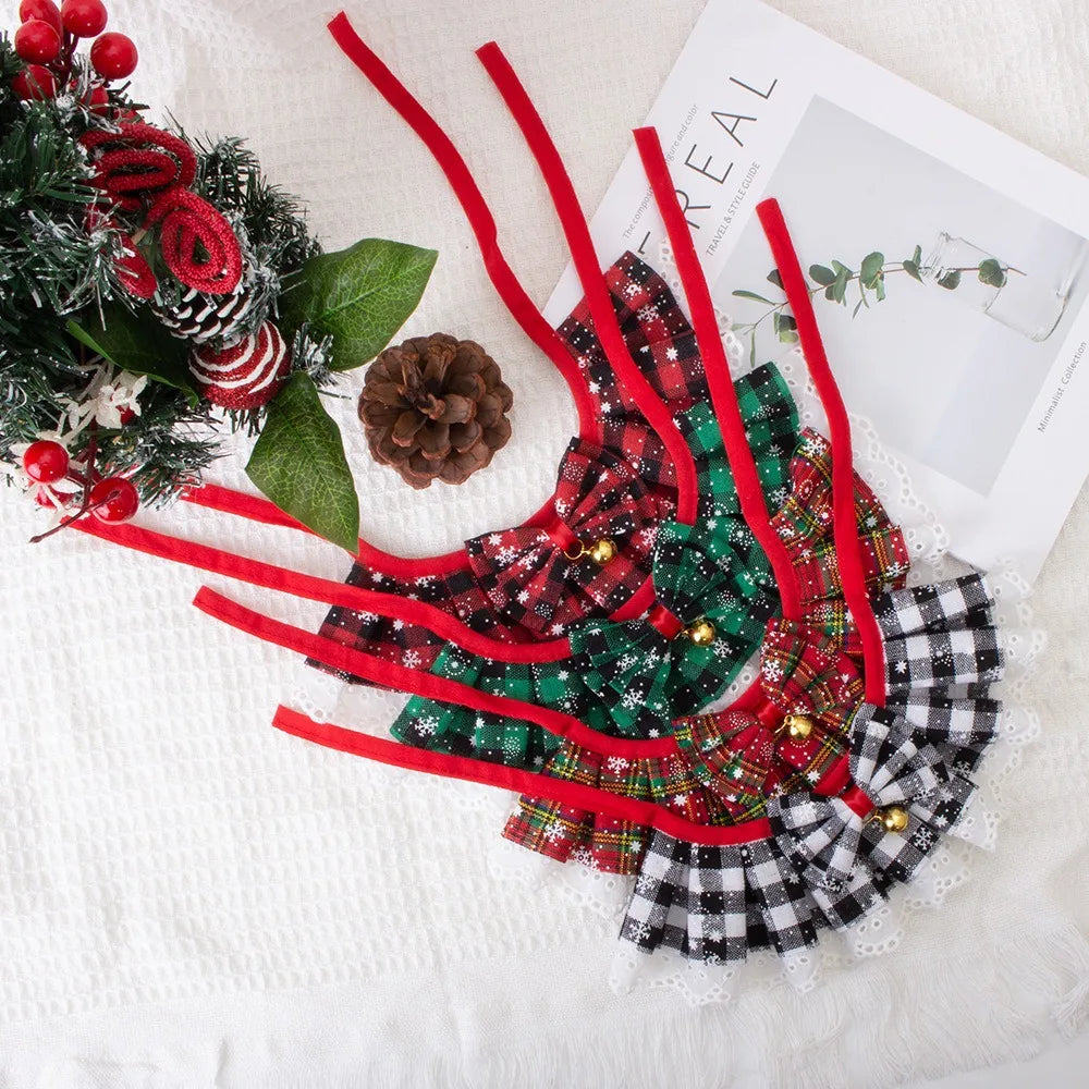 Christmas Pet Bow Bib Collar Scarf Plaid Bow Lace Saliva Towel with Bell Pendant for Dog Cat Collar Necklace Christmas Gift