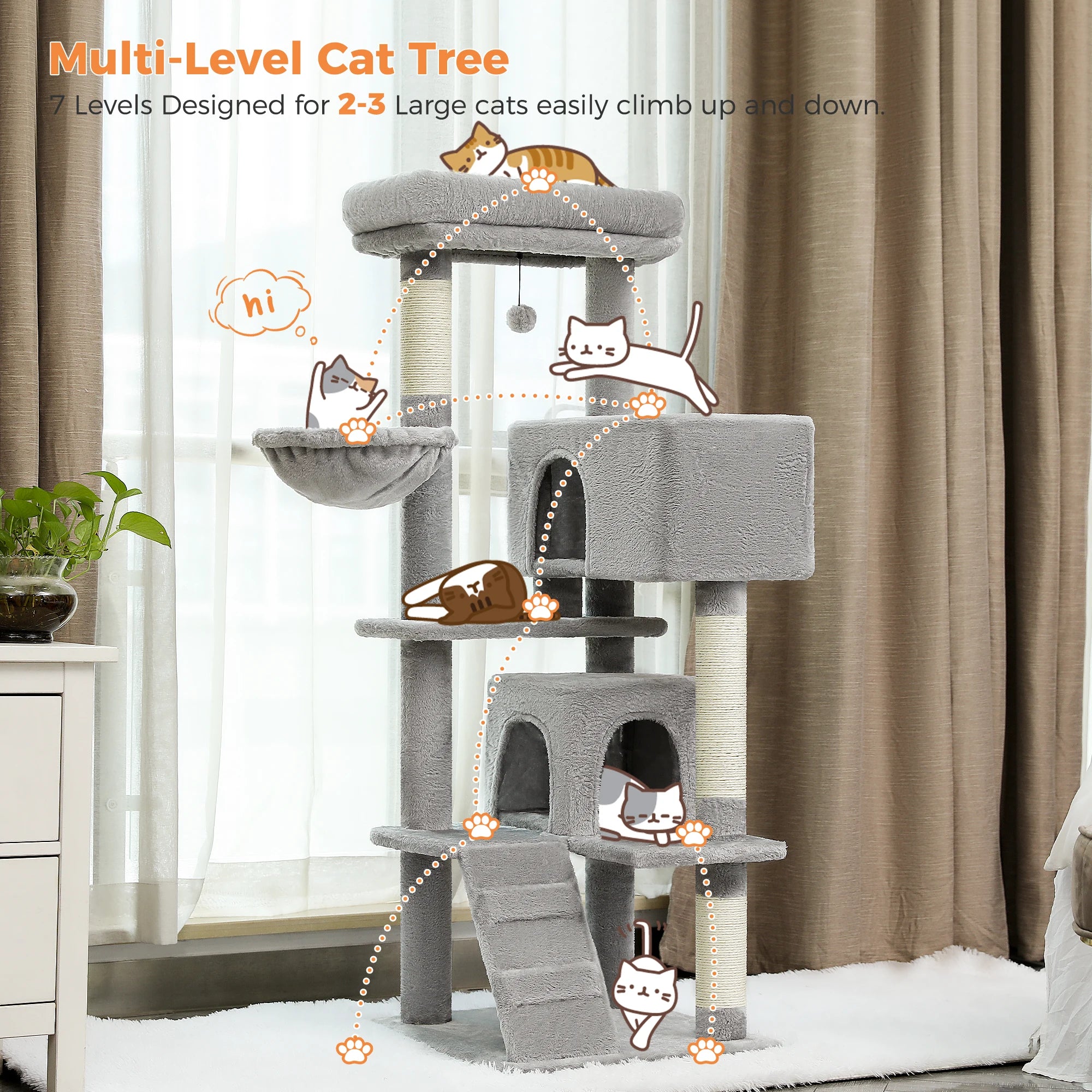 56.3" Cat Tree for Large Cats Adult with Super Large Top Perch Cat Tower with Plush Hammock Dangling Pompom Cat Scratching Post