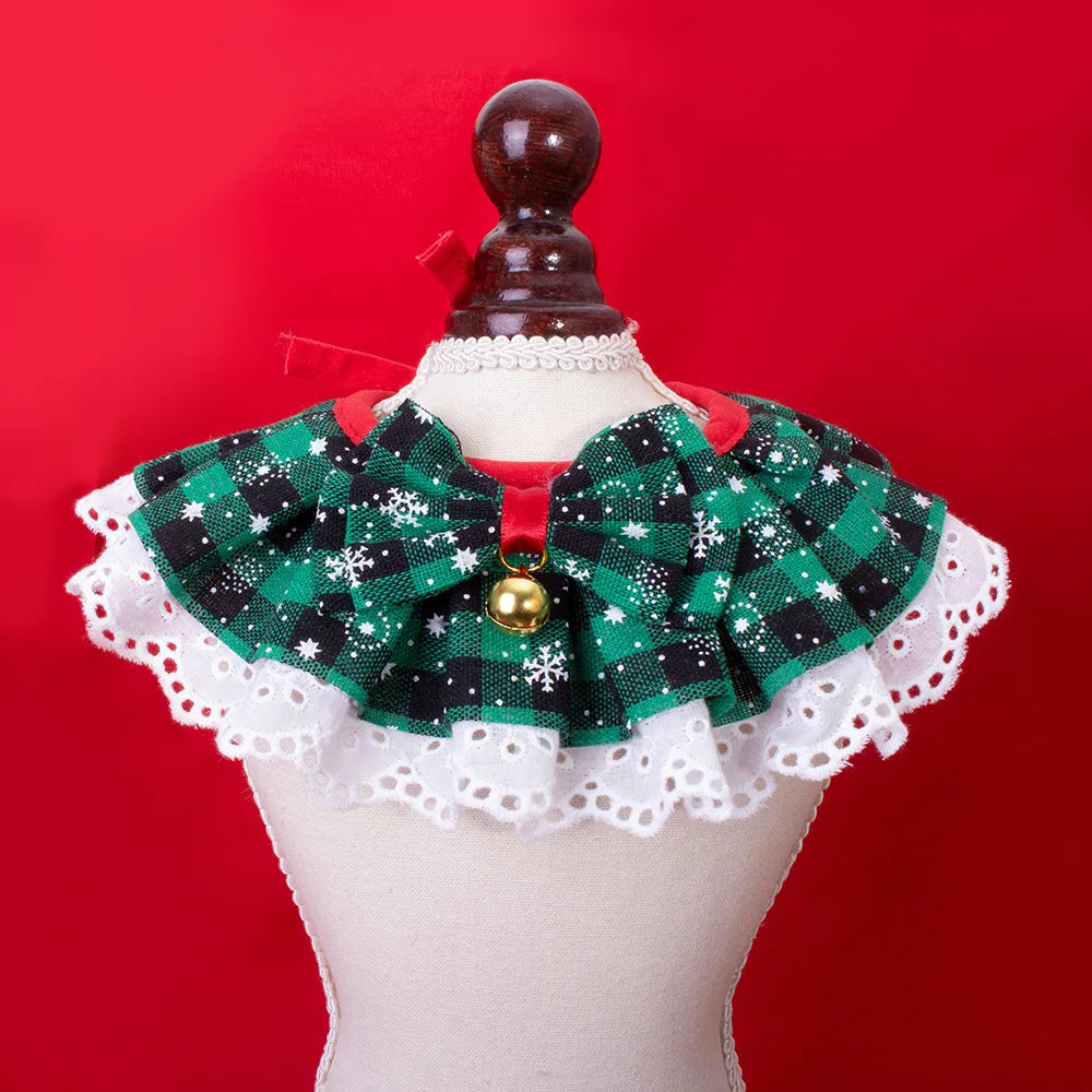 Christmas Pet Bow Bib Collar with Plaid Bow & Bell
