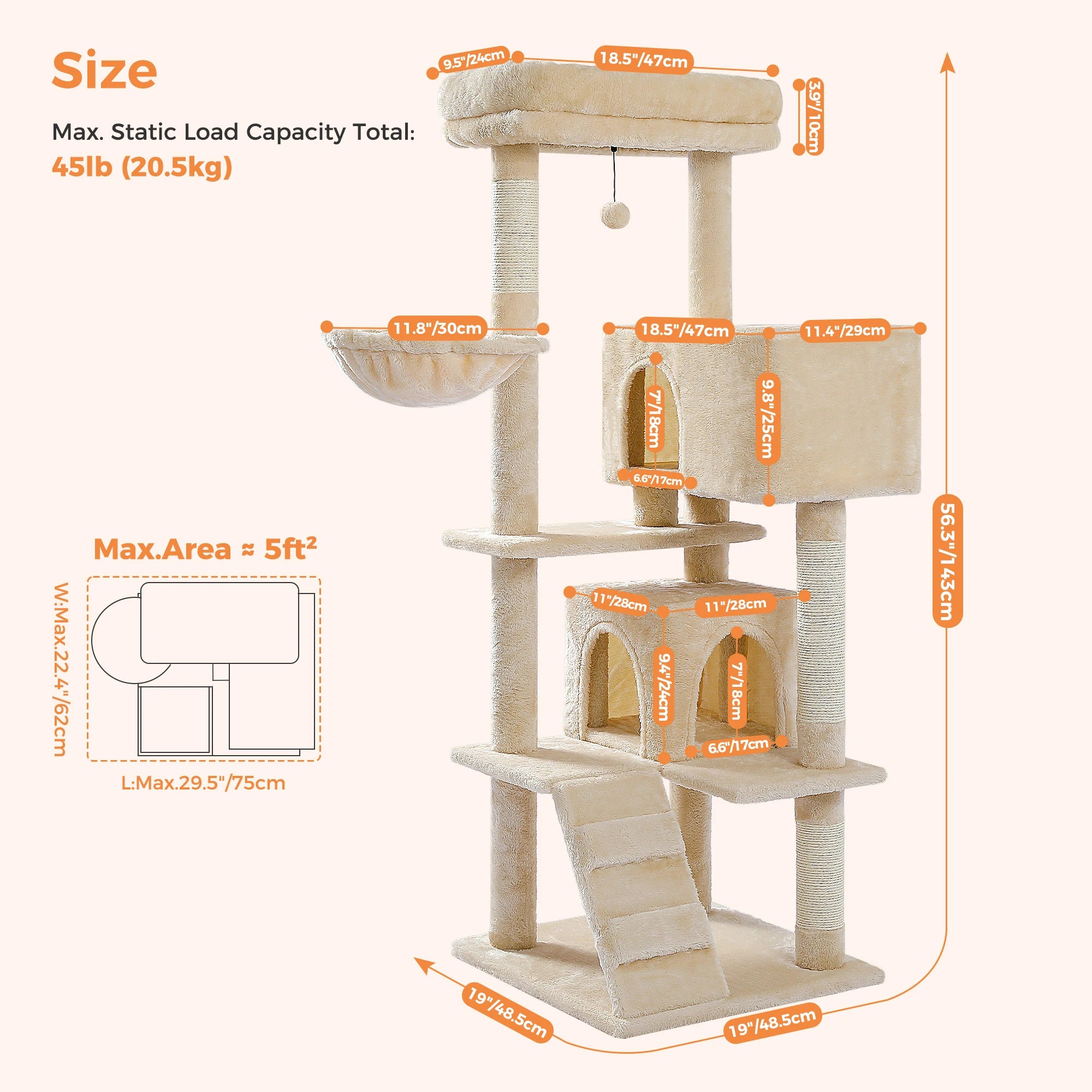56.3" Cat Tree for Large Cats Adult with Super Large Top Perch Cat Tower with Plush Hammock Dangling Pompom Cat Scratching Post