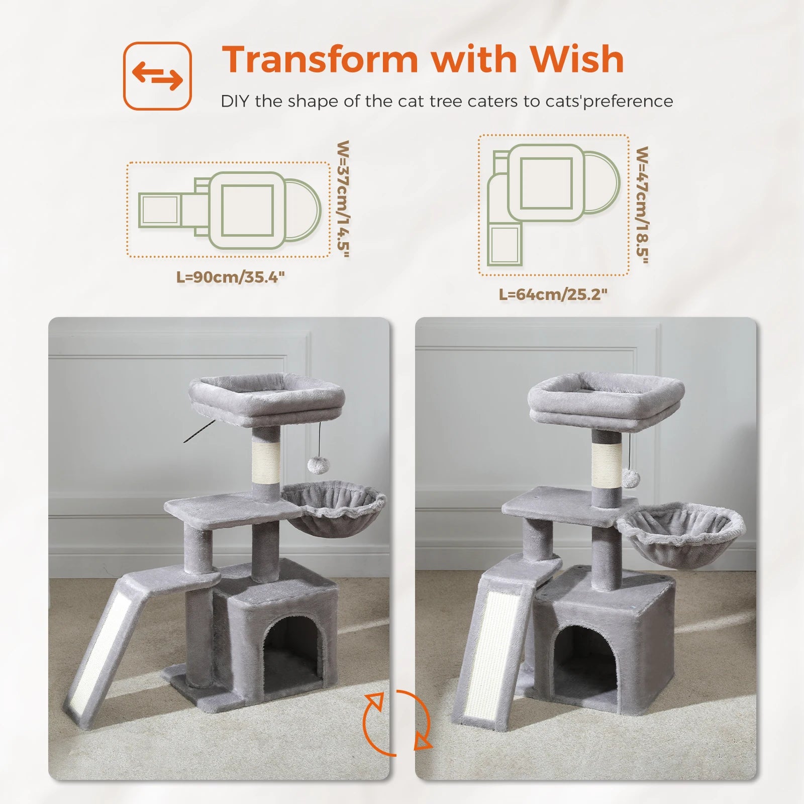 Cat tree Cat Tower for Indoor Cats 2 Styles Cat Activity Tree with Cat Scratching Posts Big Hammock and Removable Top Perch Grey