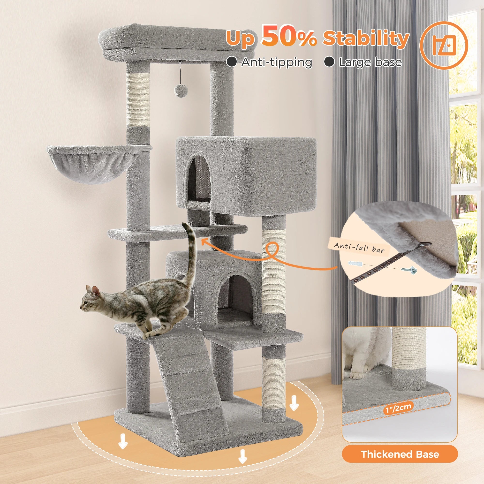 56.3" Cat Tree for Large Cats Adult with Super Large Top Perch Cat Tower with Plush Hammock Dangling Pompom Cat Scratching Post