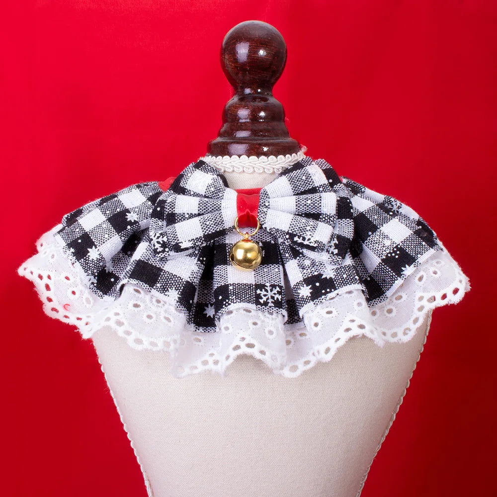 Christmas Pet Bow Bib Collar with Plaid Bow & Bell