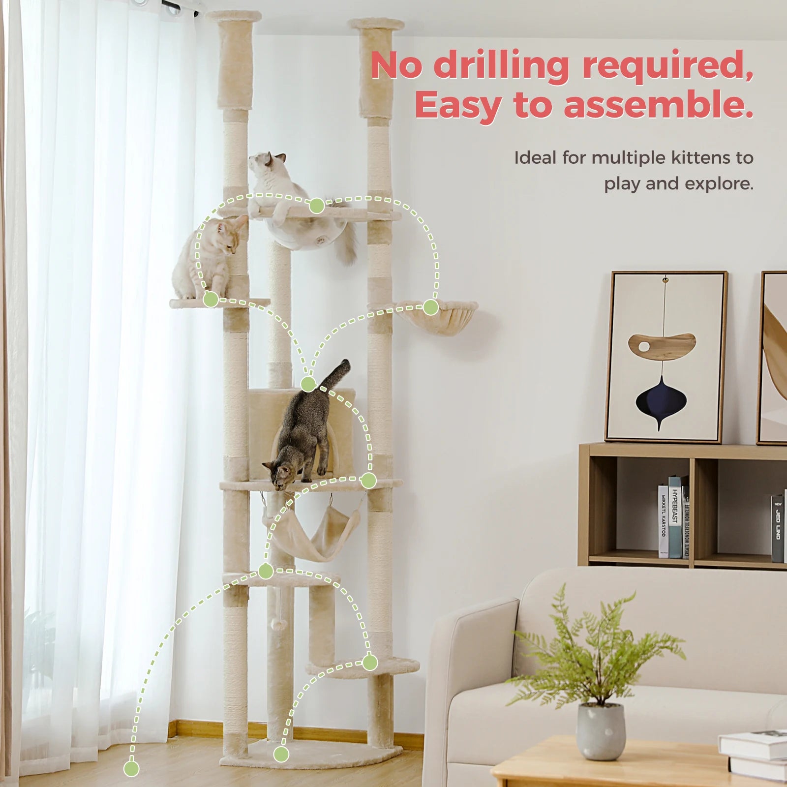 Multi-Level Tall Cat Tree for Indoor Cats Floor to Ceiling Cat Tower with Scratching Posts Cozy Condo Hammock Cat Accessories