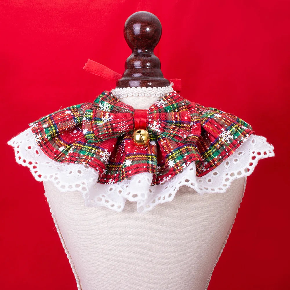 Christmas Pet Bow Bib Collar Scarf Plaid Bow Lace Saliva Towel with Bell Pendant for Dog Cat Collar Necklace Christmas Gift