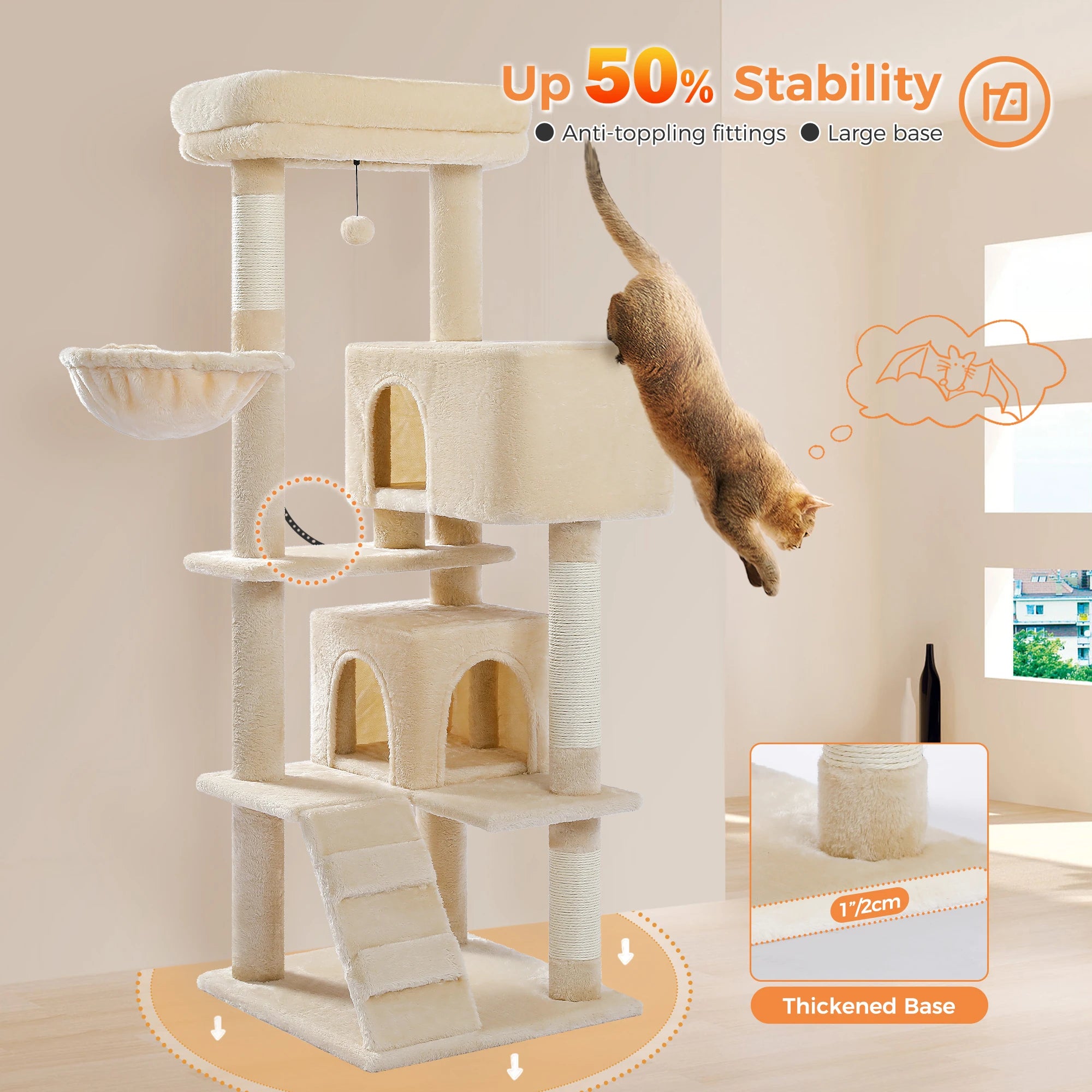 56.3" Cat Tree for Large Cats Adult with Super Large Top Perch Cat Tower with Plush Hammock Dangling Pompom Cat Scratching Post