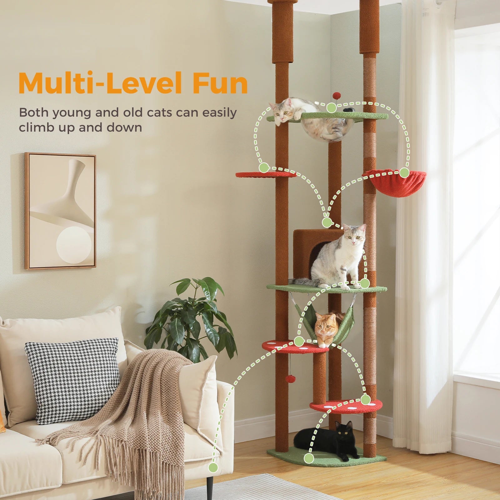 Multi-Level Tall Cat Tree for Indoor Cats Floor to Ceiling Cat Tower with Scratching Posts Cozy Condo Hammock Cat Accessories