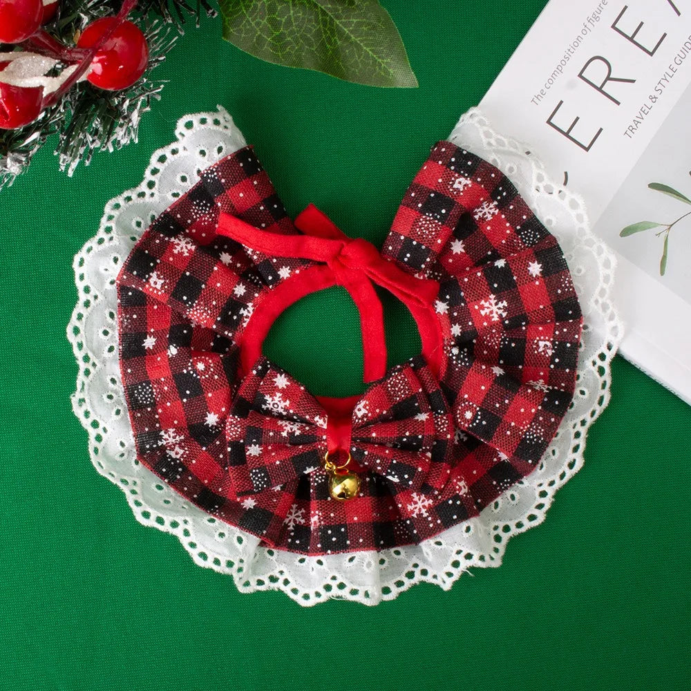 Christmas Pet Bow Bib Collar Scarf Plaid Bow Lace Saliva Towel with Bell Pendant for Dog Cat Collar Necklace Christmas Gift