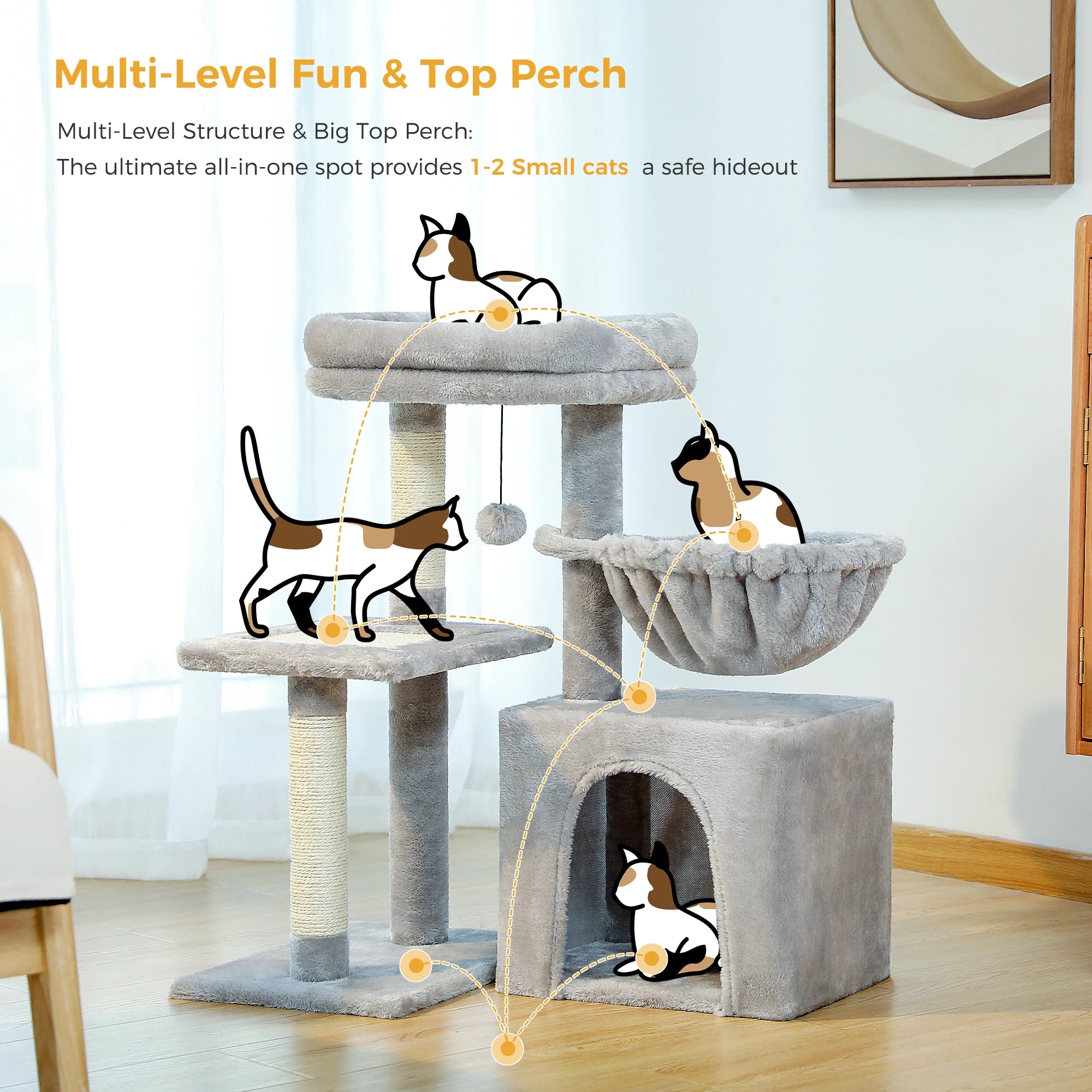 Small Grey Cat Tree with Multi-Level Play & Rest