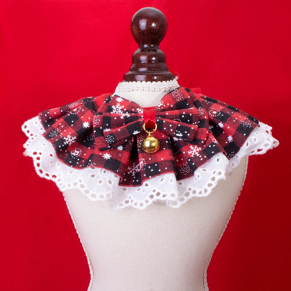 Christmas Pet Bow Bib Collar with Plaid Bow & Bell