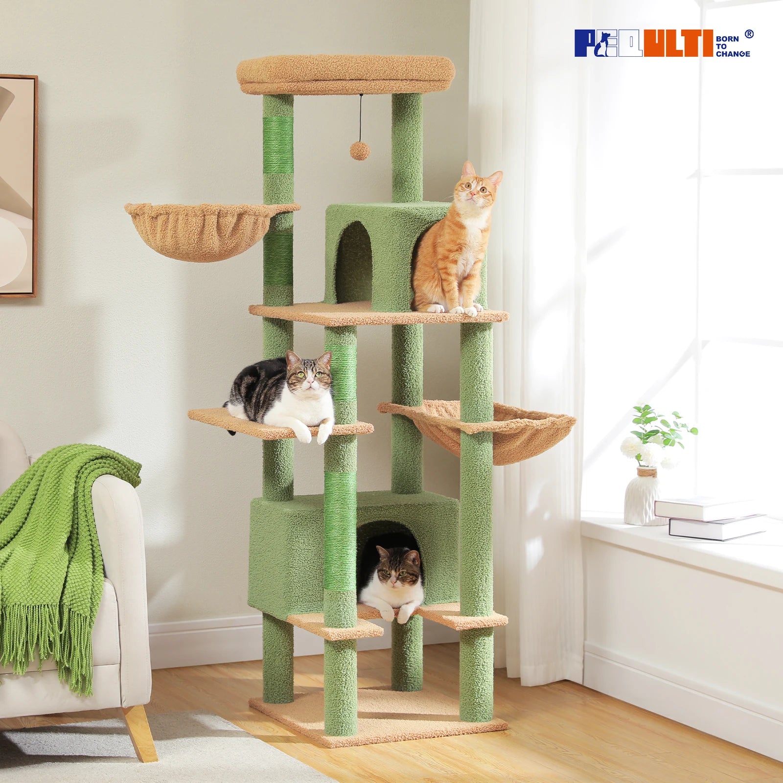 Cat tree with multiple levels and a cat sitting on one of them in a room.