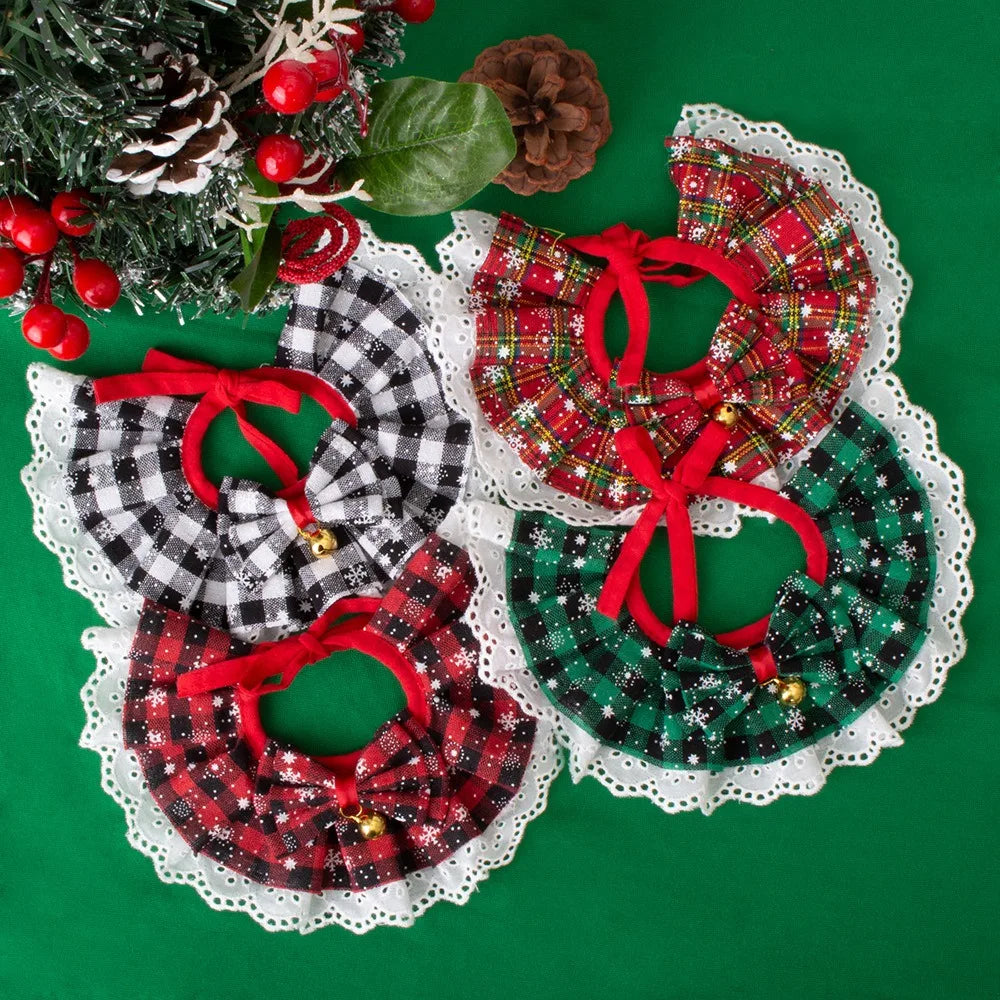 Christmas Pet Bow Bib Collar with Plaid Bow & Bell