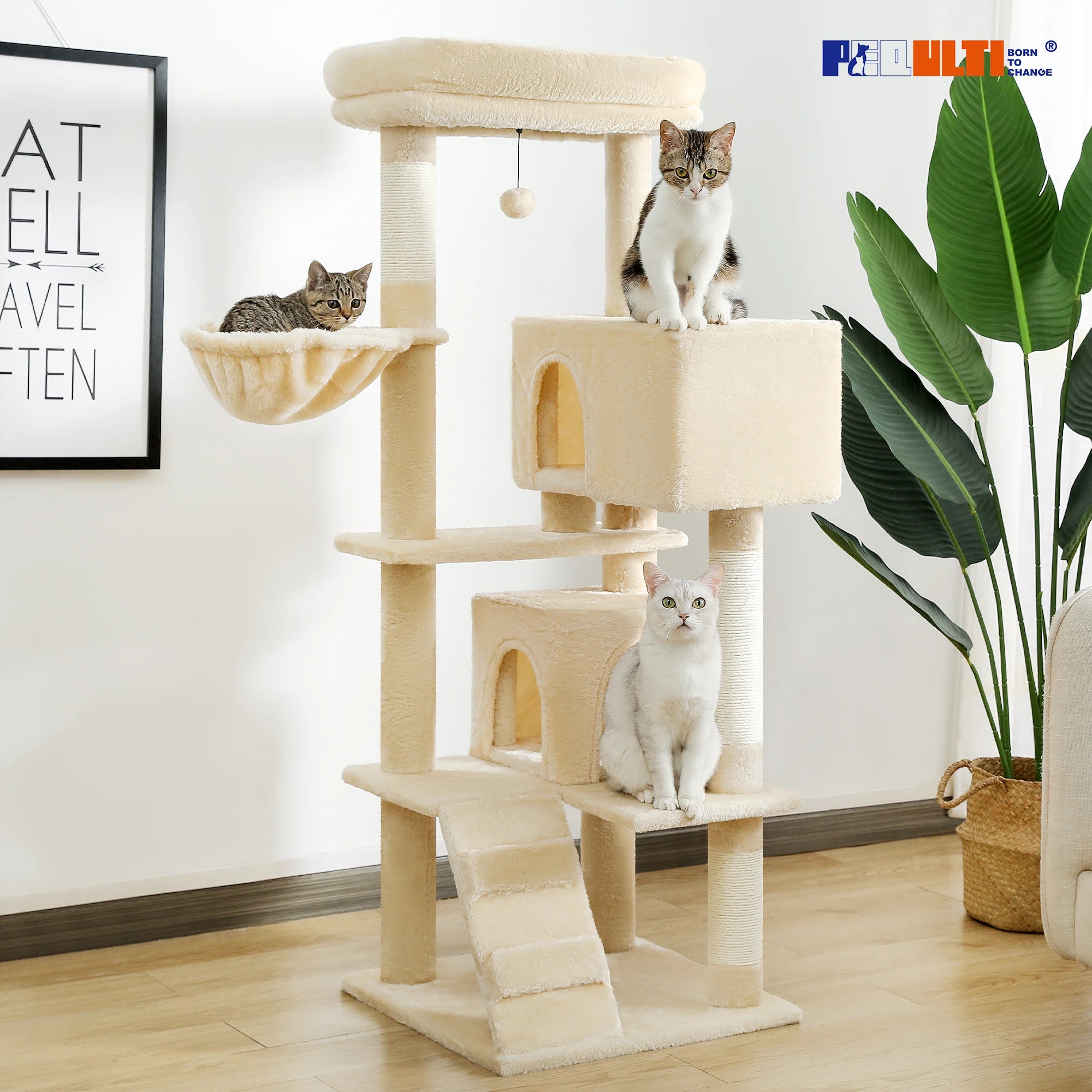 56.3" Cat Tree for Large Cats Adult with Super Large Top Perch Cat Tower with Plush Hammock Dangling Pompom Cat Scratching Post
