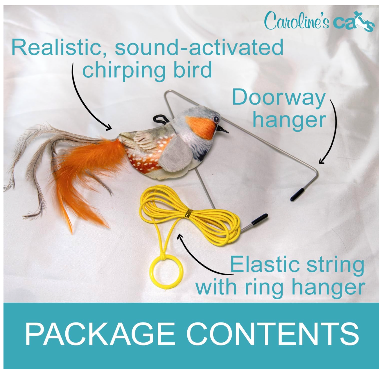 Caroline's Cats Plush Chirping Bird Cat Toy on Elastic String with Doorway Hanger - No Flimsy Suction Cups; Real Electronic Avian Sounds