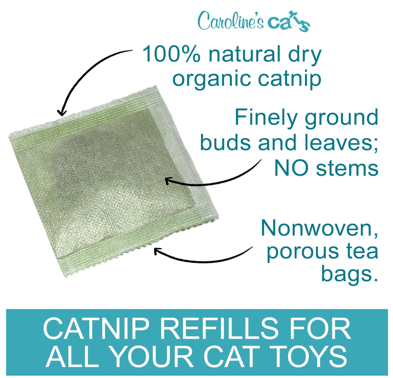 Caroline's Cats Organic Catnip Packets for Cat Toys 2.0 – More Potent Refill Pouches for Flapping Bird, Flopping Fish, and Others, 10 Tea Bags
