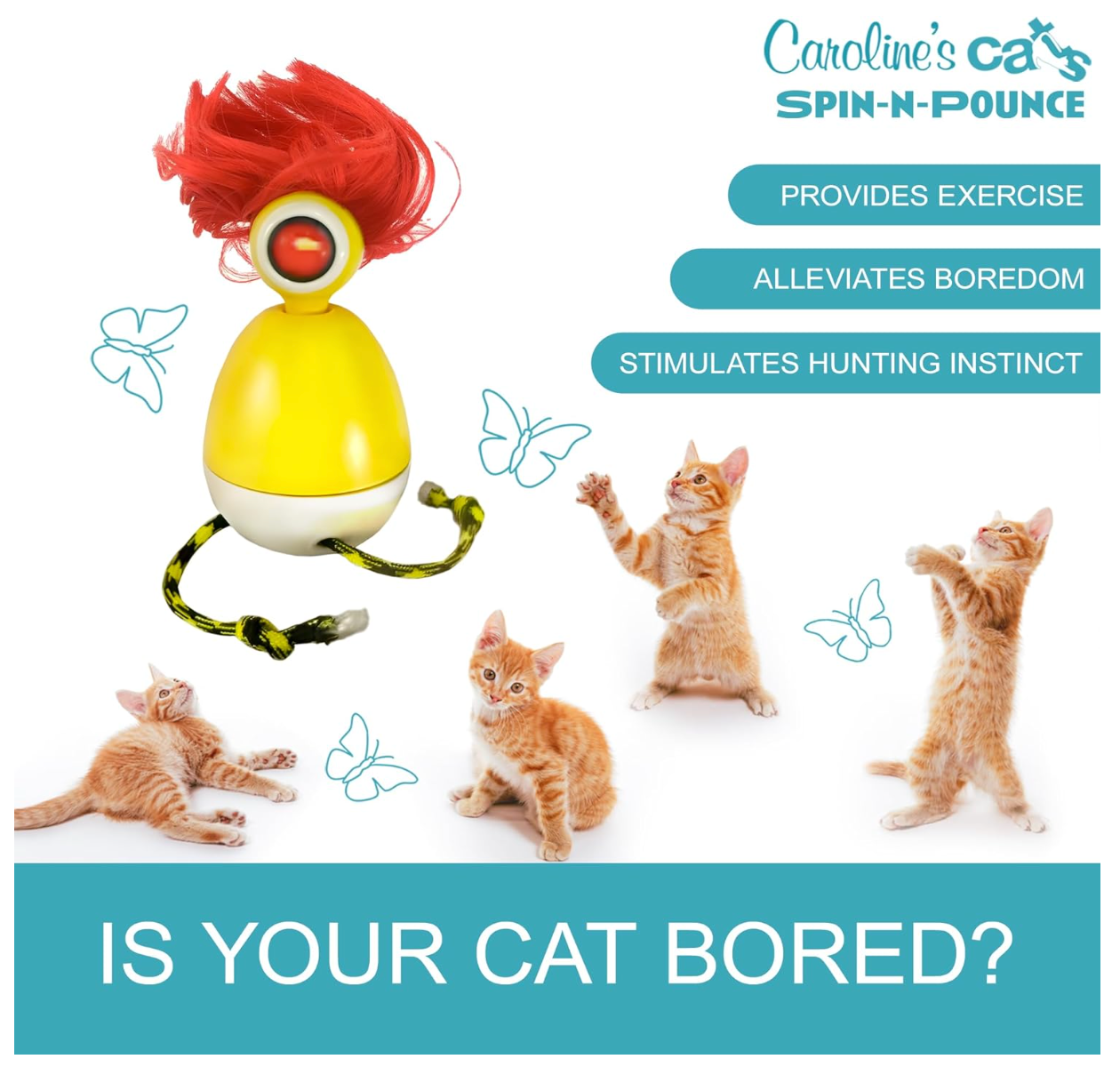 Caroline's Cats Spin-N-Pounce Rechargeable Automatic Interactive Indoor Dancing Cat Toy; Touch Sensor & Auto Shut Off, 360° Rotation, Silent Motor, LED Light, Simulates Prey for Hunting & Exercise