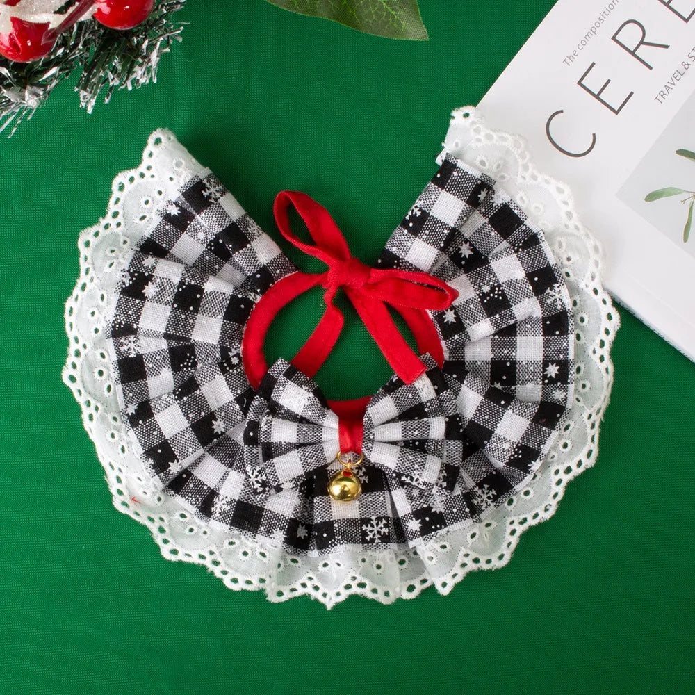 Christmas Pet Bow Bib Collar Scarf Plaid Bow Lace Saliva Towel with Bell Pendant for Dog Cat Collar Necklace Christmas Gift