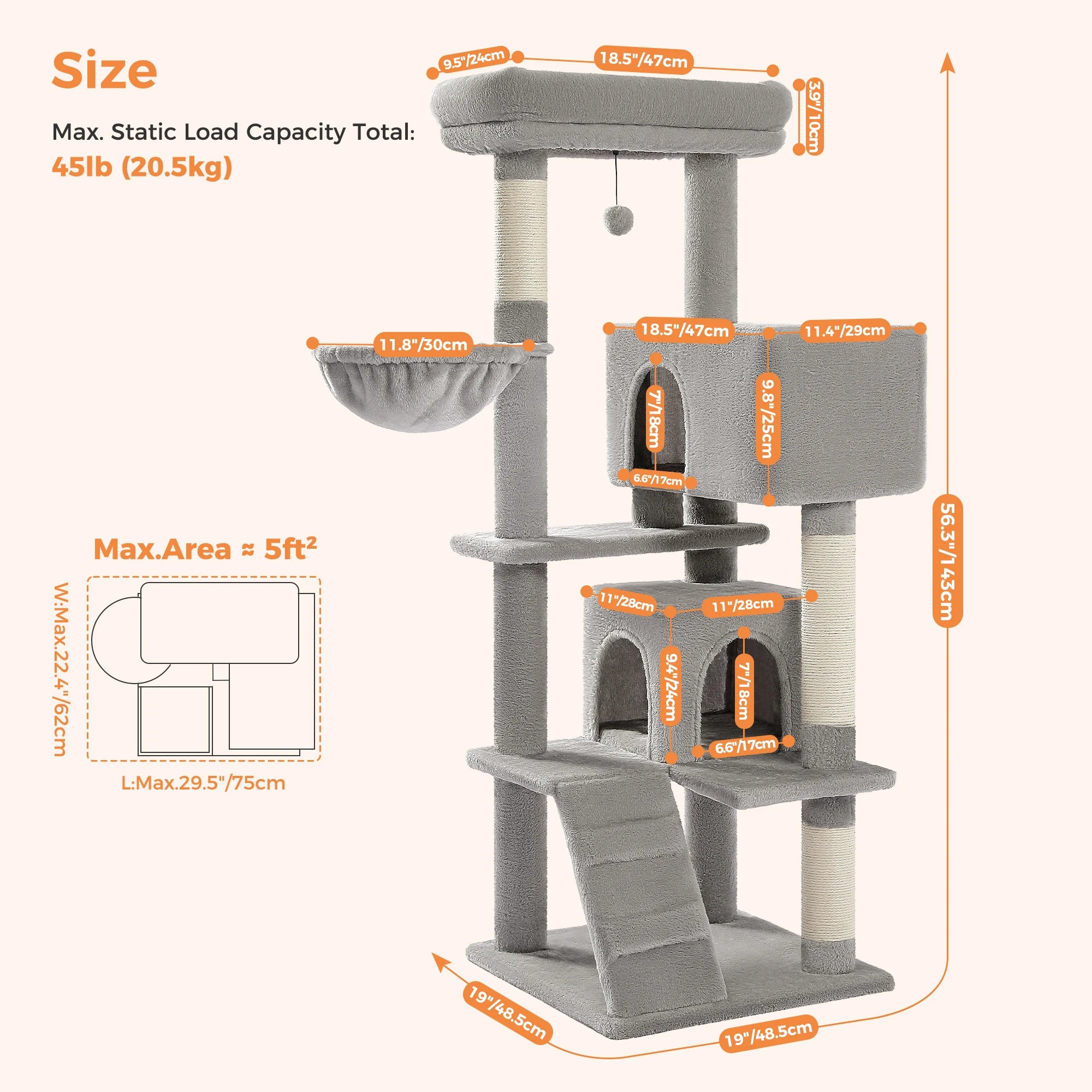 56.3" Cat Tree for Large Cats Adult with Super Large Top Perch Cat Tower with Plush Hammock Dangling Pompom Cat Scratching Post