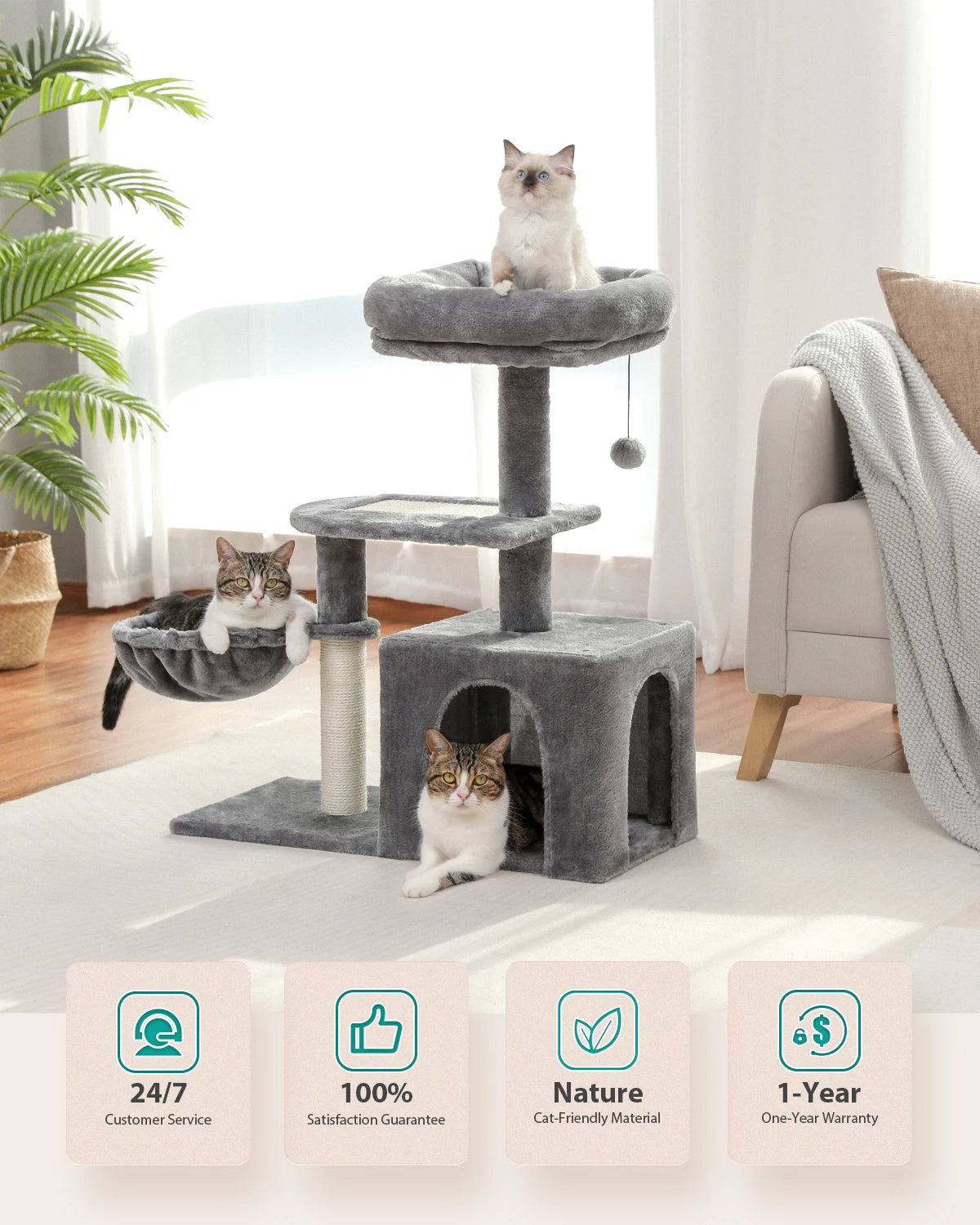 Small Grey Cat Tree with Multi-Level Play & Rest