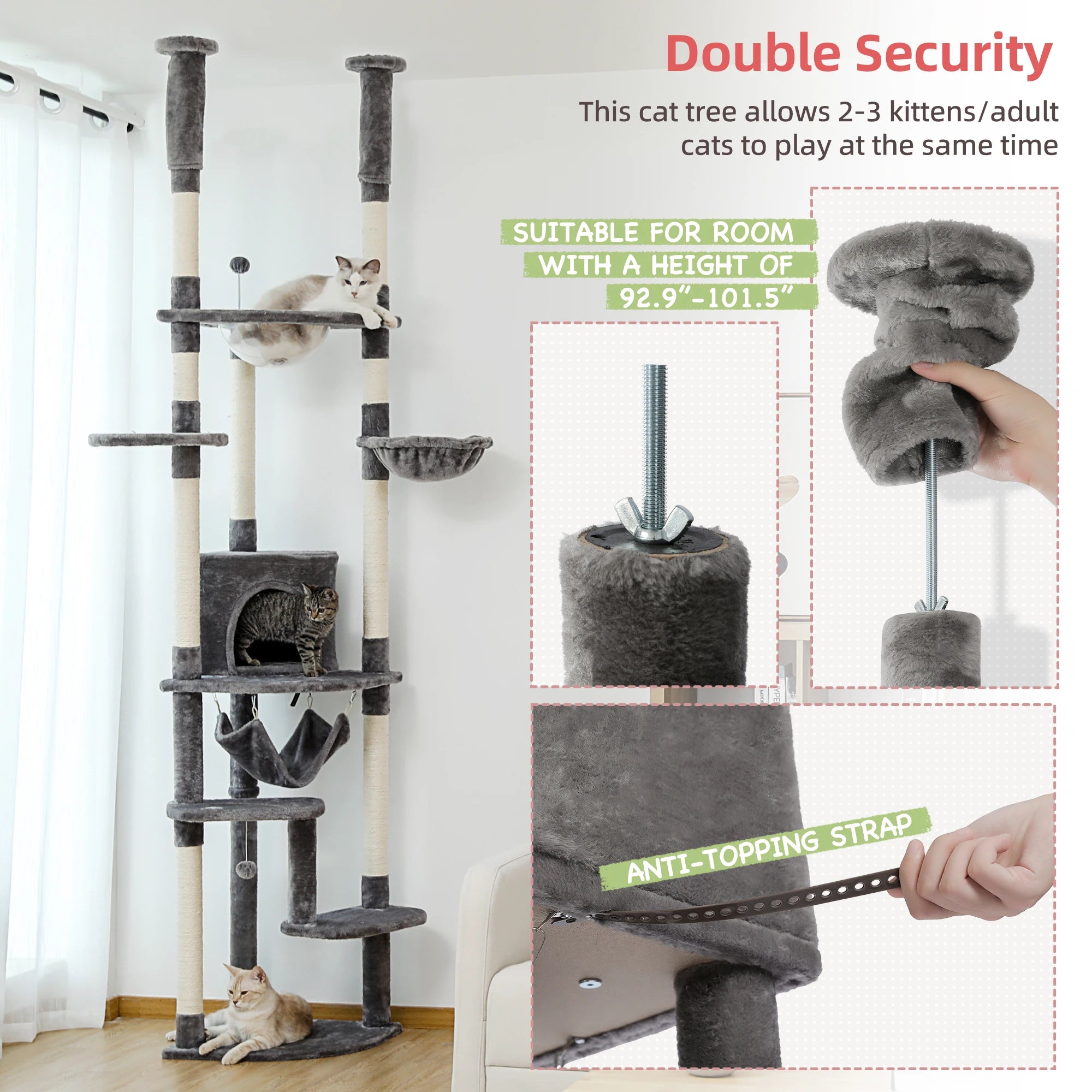 Multi-Level Tall Cat Tree for Indoor Cats Floor to Ceiling Cat Tower with Scratching Posts Cozy Condo Hammock Cat Accessories