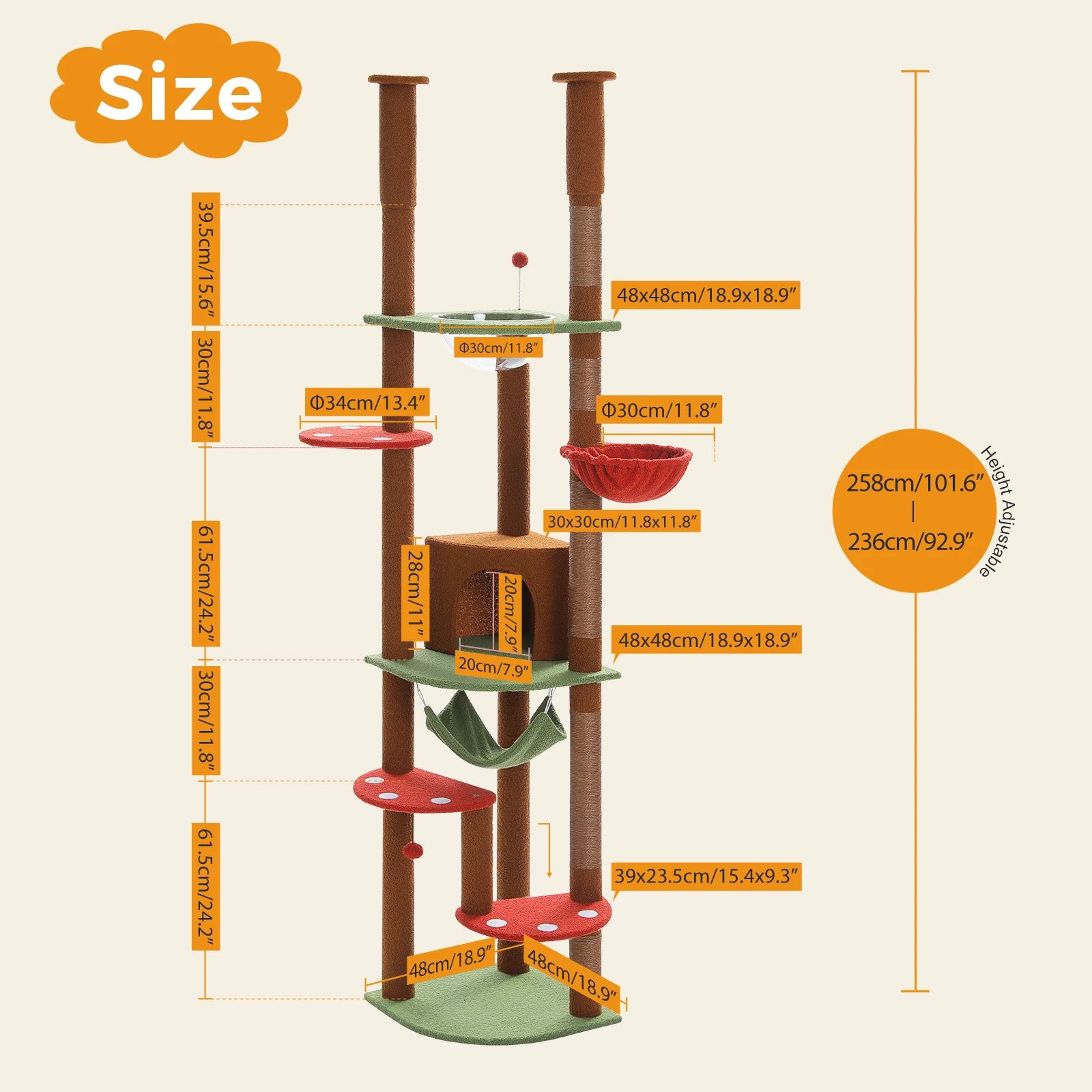 Multi-Level Tall Cat Tree for Indoor Cats Floor to Ceiling Cat Tower with Scratching Posts Cozy Condo Hammock Cat Accessories