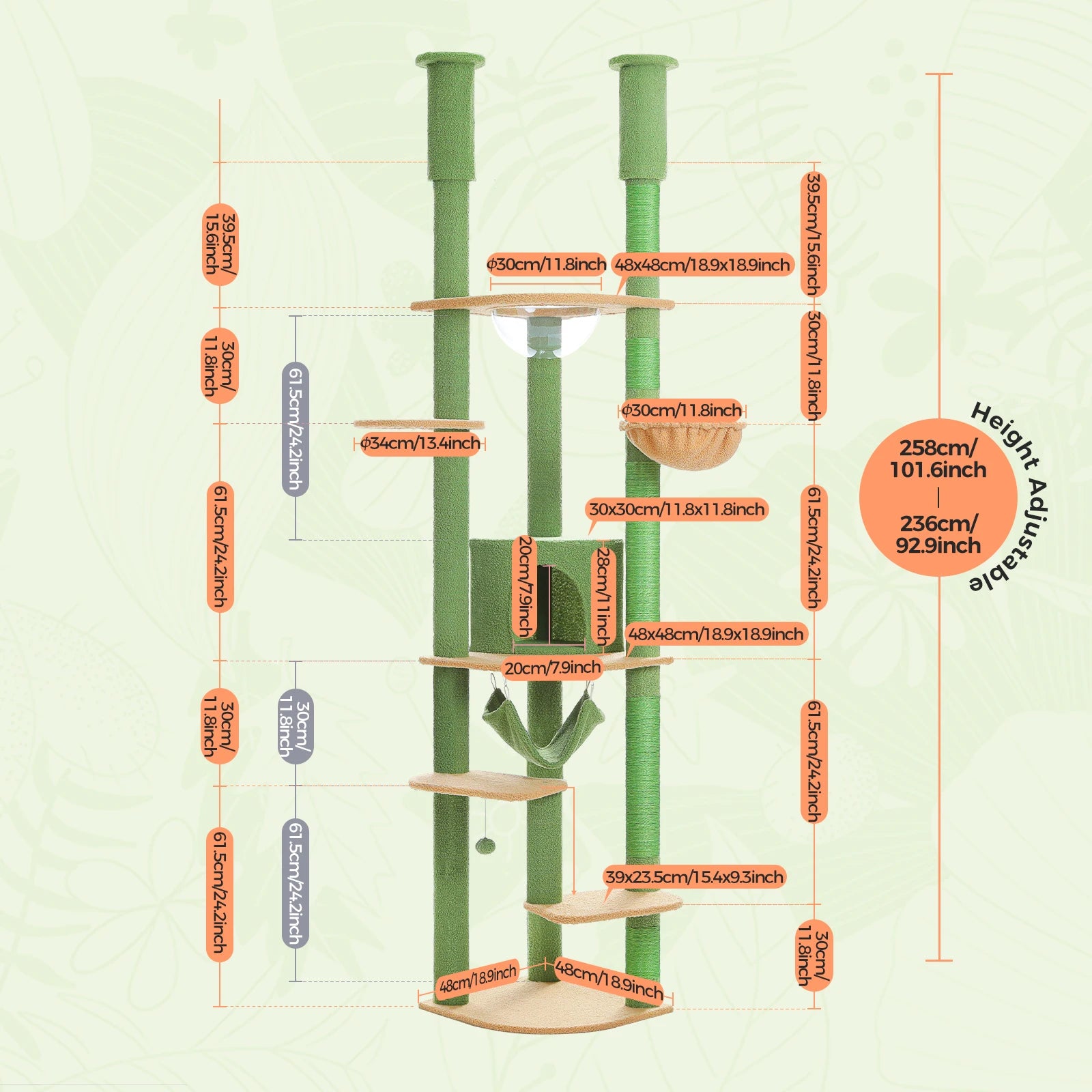 Multi-Level Tall Cat Tree for Indoor Cats Floor to Ceiling Cat Tower with Scratching Posts Cozy Condo Hammock Cat Accessories