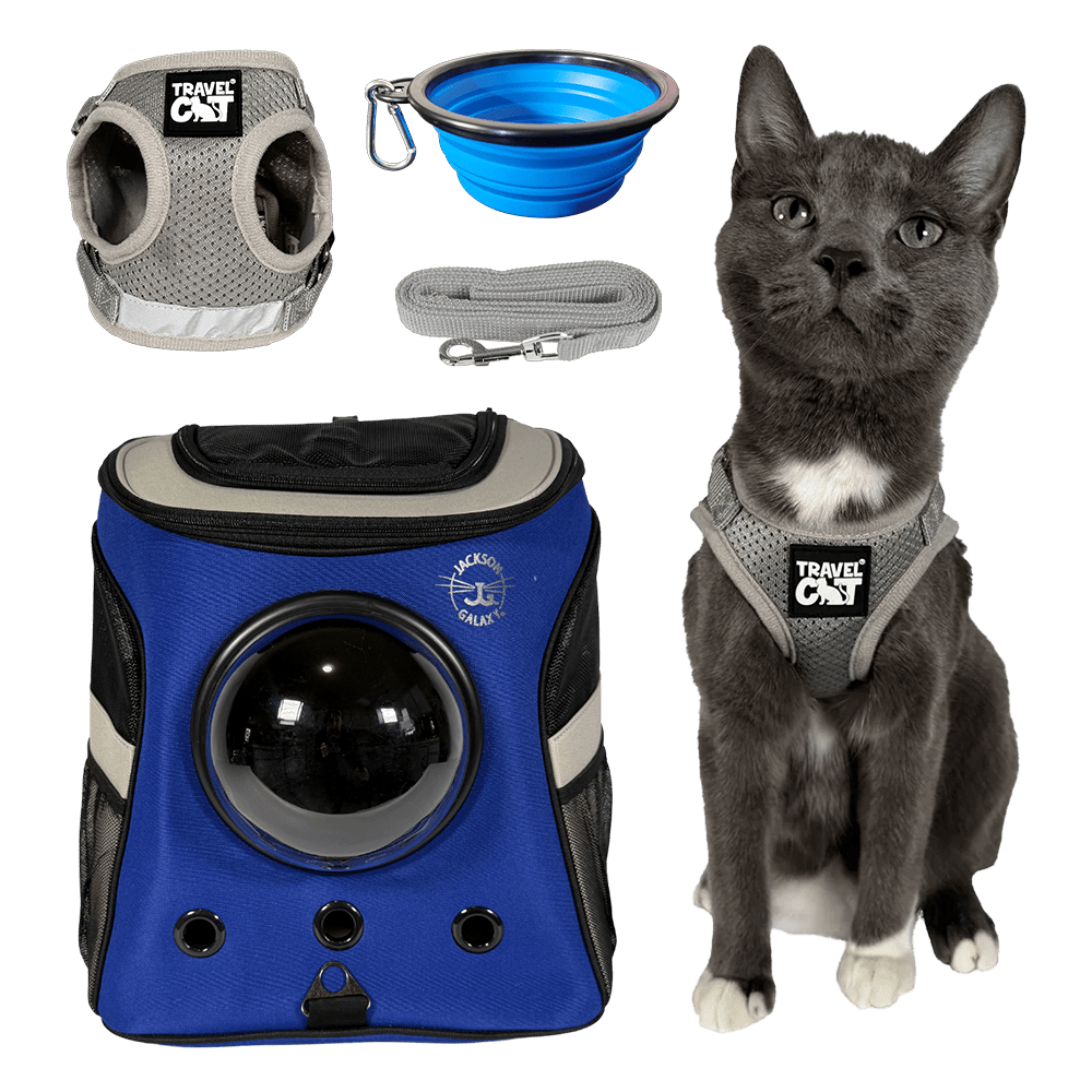 The Jackson Galaxy Essential Bundle: Cat Backpack, Harness, Leash, and Travel Bowl