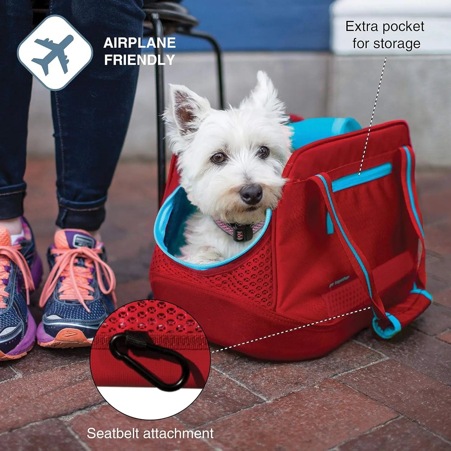 Explorer Dog Carrier - Comfortable Carrier for Travel - Water-Resistant Armorsole Base - Airline Compliant - Storage Pocket - for Cats & Small Dogs up to 20 Lb - Red/Blue