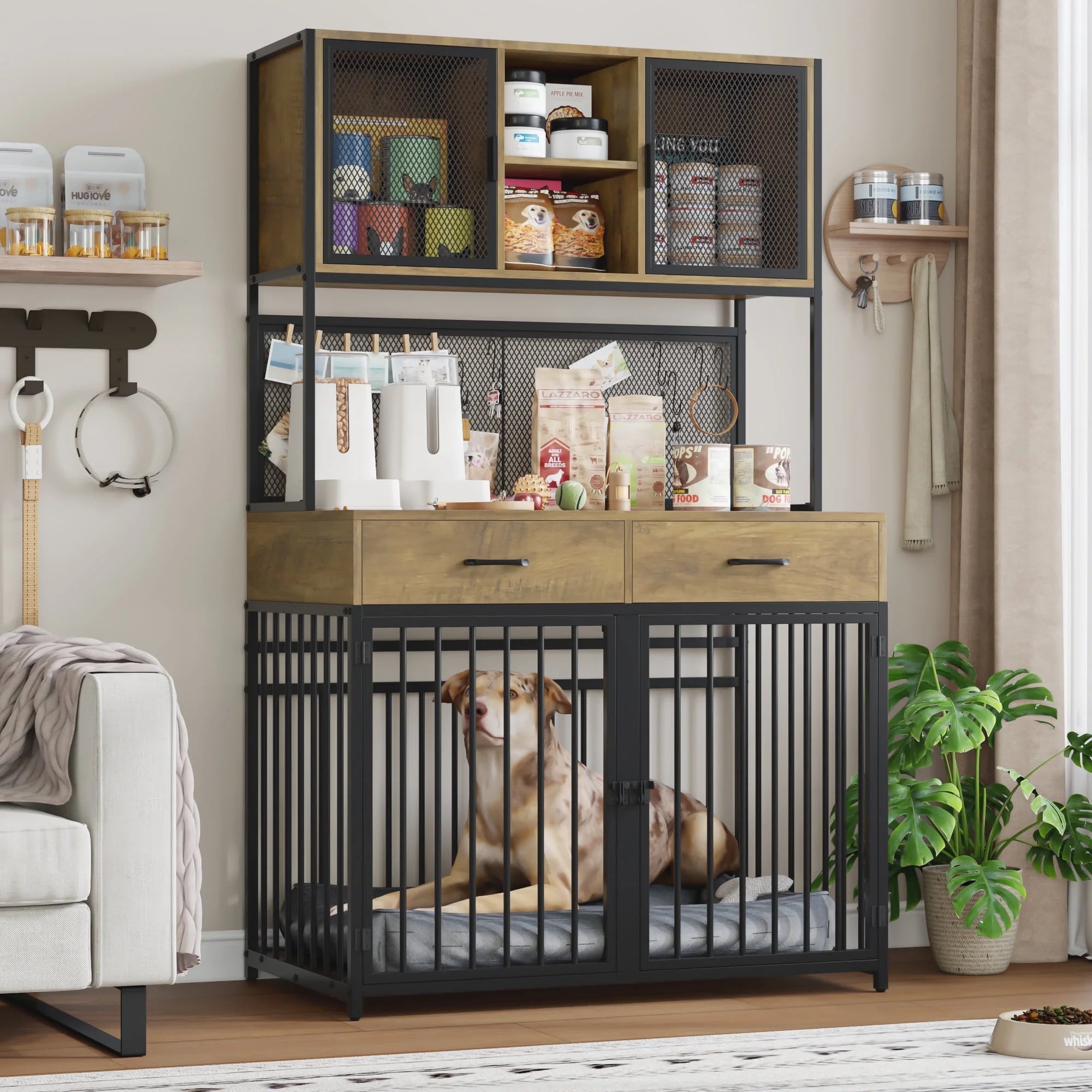 71" Tall Dog Crates Furniture, Indoor Dogs Kennel Furniture with Hutch, 42"W Dog Cage Furniture for Large/Medium Dogs, Decorative Sturdy Pet House, Rustic Brown